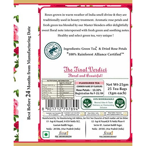 SAN-CHA Tea Boutique Wild Rose Green Tea Bags, Pyramid Tea Bags (Pack Of 25), Good Skin Green Tea, Real Rose Petals Blend, 100% Rainforest Alliance Certified, Detox, 170 Gram