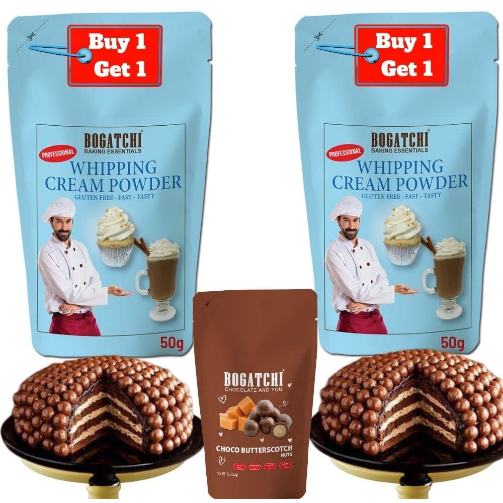BOGATCHI Whipping Cream Powder, Whipping cream for cake, Premium Whipping cream Powder, Whipped Cream, Rich Whipping cream|FREE One Extra Whipping Cream Powder(50g)+ Chocolate Butterscotch Nuts(50g)
