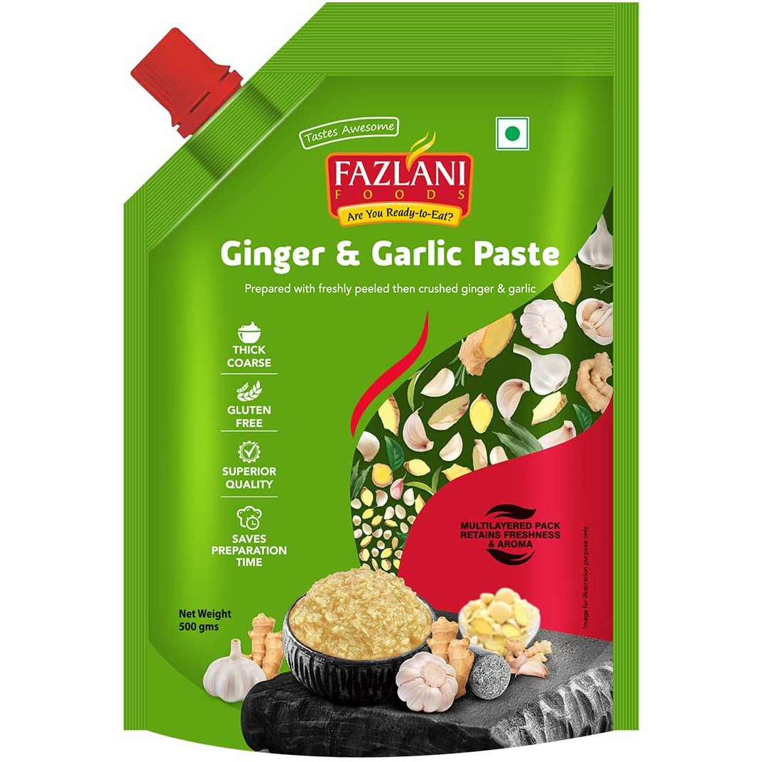 FAZLANI FOODS Fresh Ginger and Garlic Paste Ready to Use Thick Coarse for Cooking Paste, Gluten Free, Pack of 1 500GM