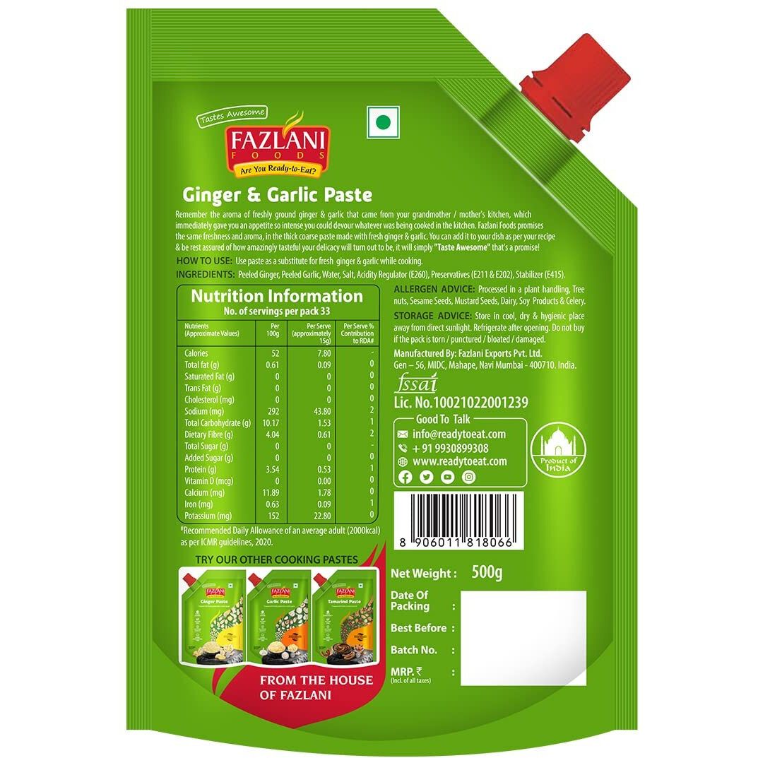 FAZLANI FOODS Fresh Ginger and Garlic Paste Ready to Use Thick Coarse for Cooking Paste, Gluten Free, Pack of 1 500GM