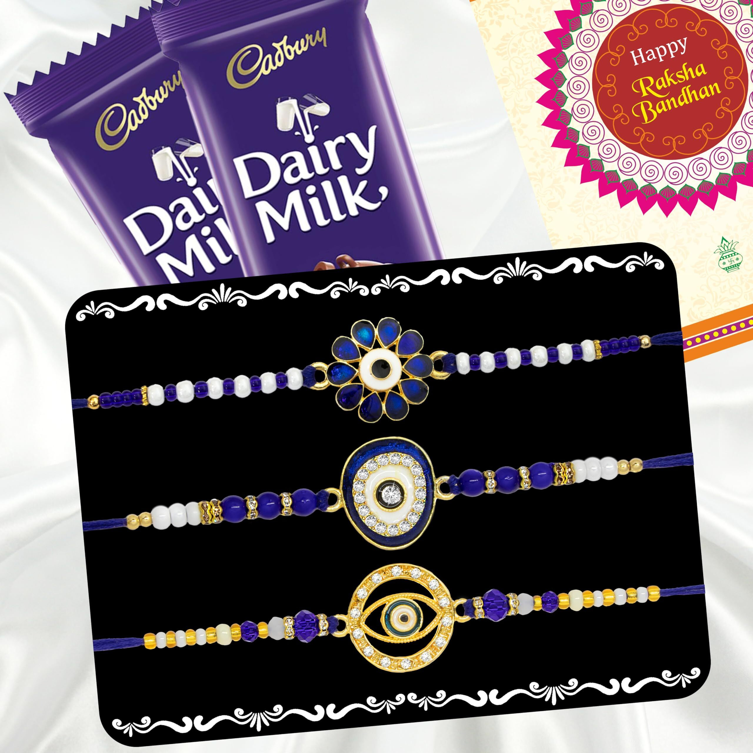 Canton Rakhi With Chocolate Gift Combo, Pack of 3 Designer Rakhi For Brother With Chocolate Gift, Roli & Greeting Card (Design-5, Rakhi With Cadbury)