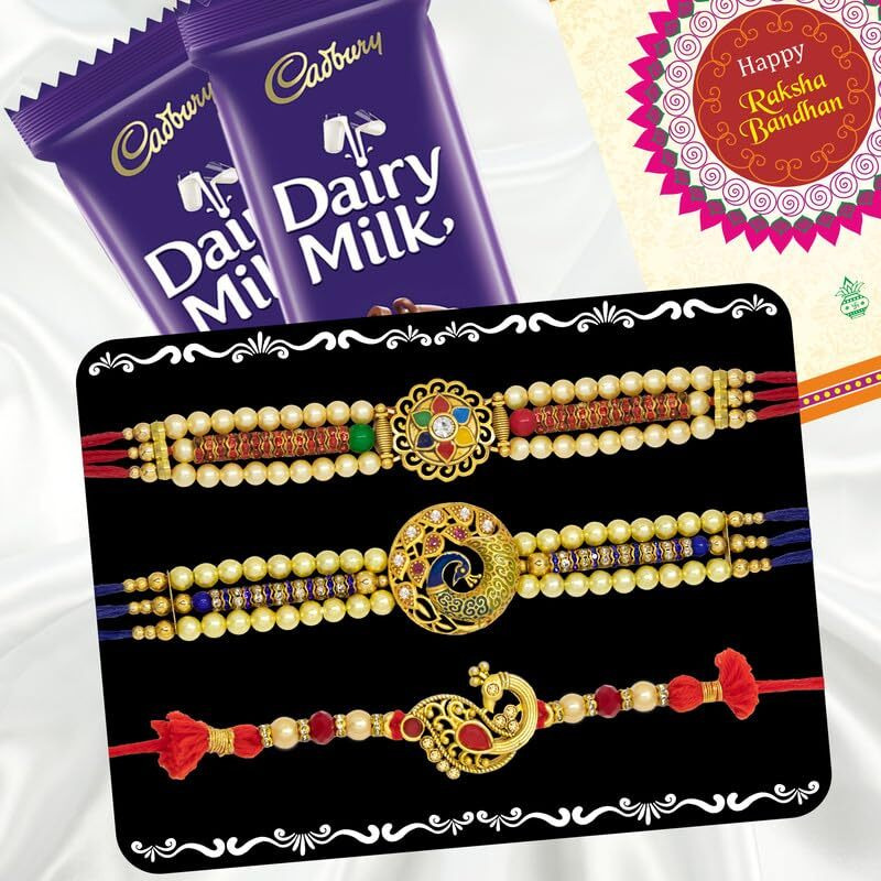 Canton Rakhi With Chocolate Gift Combo, Pack of 3 Designer Rakhi For Brother With Chocolate Gift, Roli & Greeting Card (Design-9, Rakhi With Cadbury)