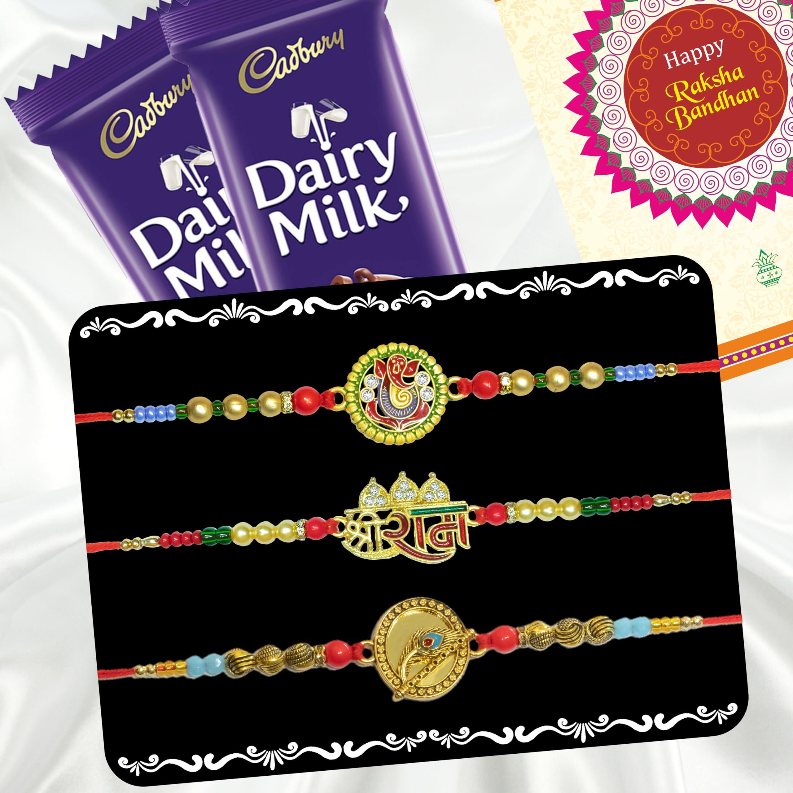 Canton Rakhi With Chocolate Gift Combo, Pack of 3 Designer Rakhi For Brother With Chocolate Gift, Roli & Greeting Card (Design-12, Rakhi With Cadbury)
