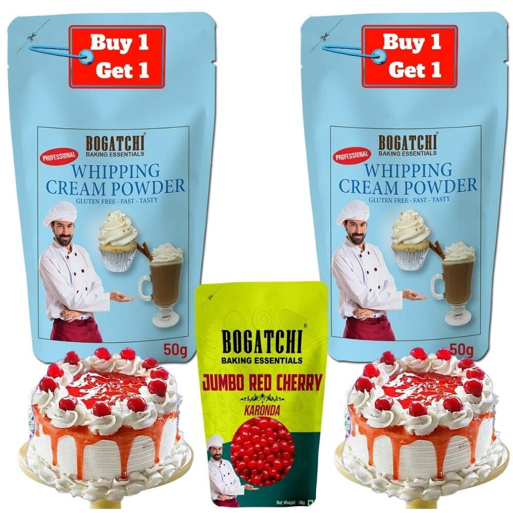 BOGATCHI Whipping Cream Powder, Whipping cream for cake, Premium Whipping cream Powder, Whipped Cream, Rich Whipping cream|FREE One Extra Whipping Cream Powder(50g)+ Jumbo Cherry Karonda (50g)