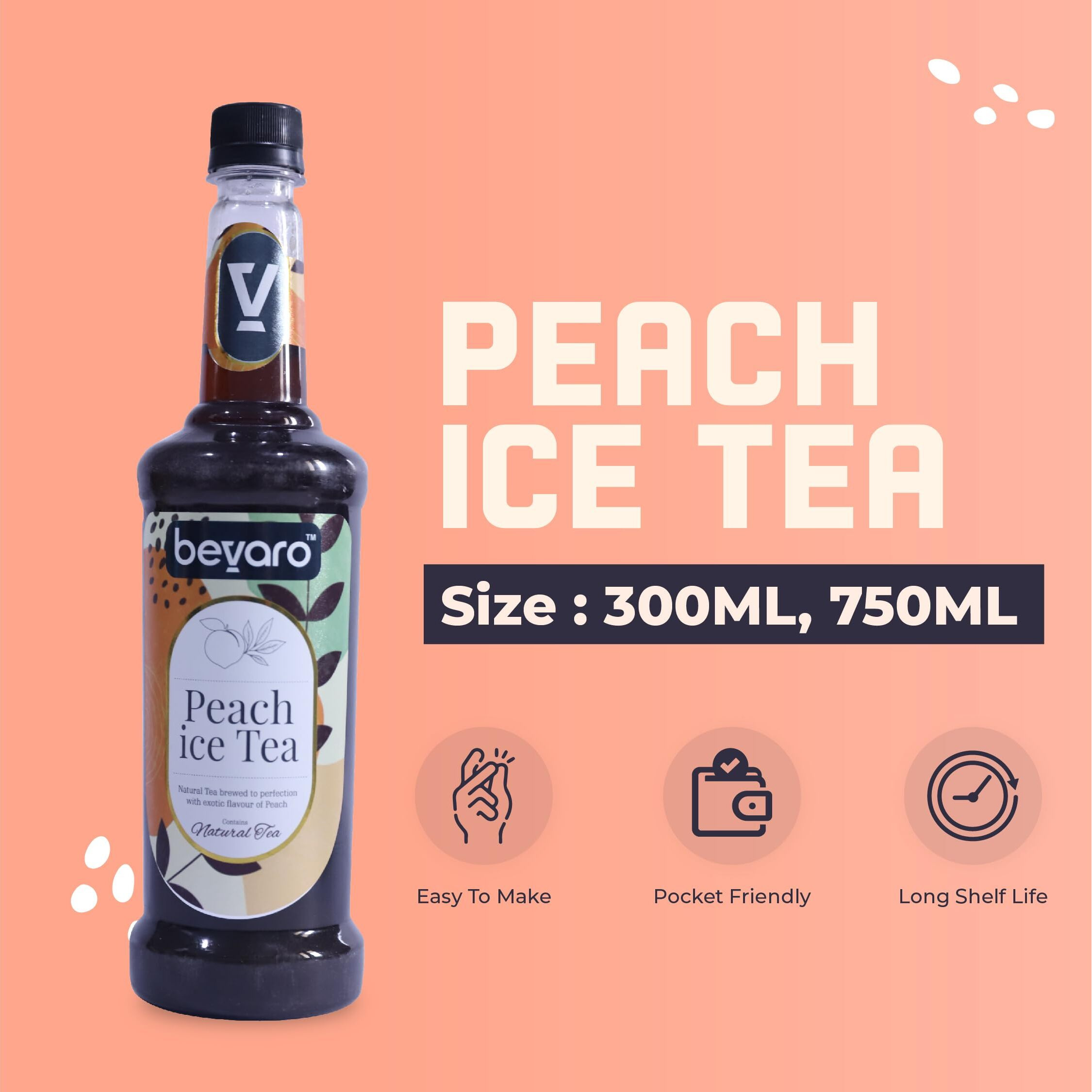 BEVARO Peach Ice Tea Syrup, 300 ml Contains Natural Tea Extracts, Gourmet Syrup for Cocktails, Mocktails, Iced tea, Mixers, Cold Brew, And other Beverages
