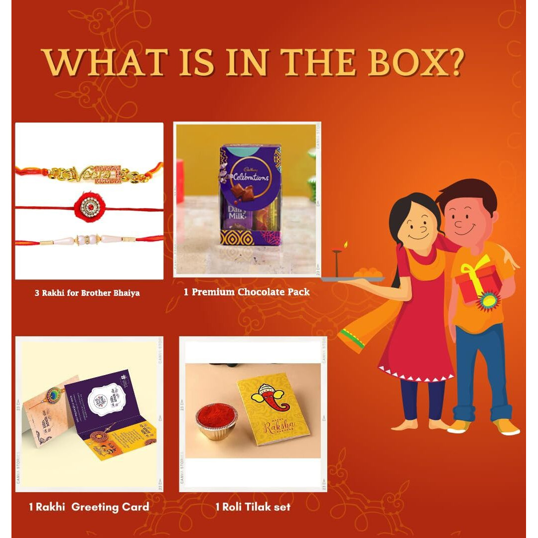 3 Rakhi For Brother With Cadbury Celebration Chocolates Gift Pack,Rakhi for Bhaiya Bhabhi Kids/Rakhi Combo For Bhai and Bhabhi,Rakshabandhan gifts Hamper for brother