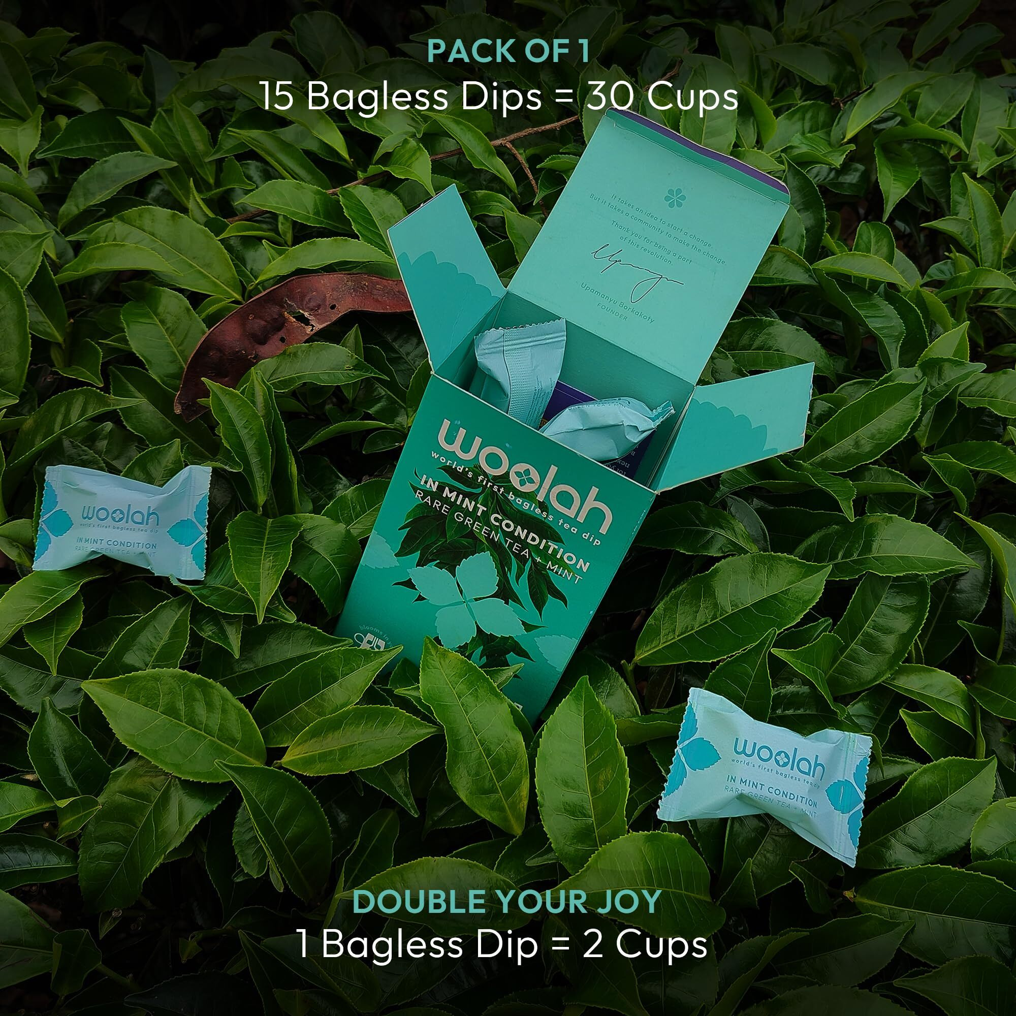 Woolah Rare Assam Green Tea with Mint,Organic BAGLESS Tea Dip(15 Dips/30 Cups)100% PLASTIC Free,REVITALIZING & REFRESHING,Natural EGCG antioxidants supports WEIGHT MANAGEMENT,Skin & HEART health,80gm
