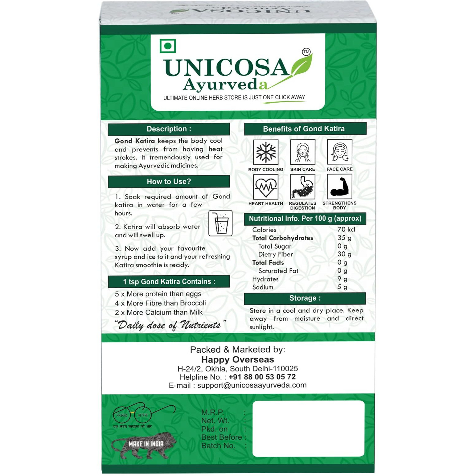 UNICOSA Ayurveda Natural Gond Katira Pure (Edible Gum) - 200gm | Tragacanth Gum | High Cooling Properties Herbal Food | Super Food
