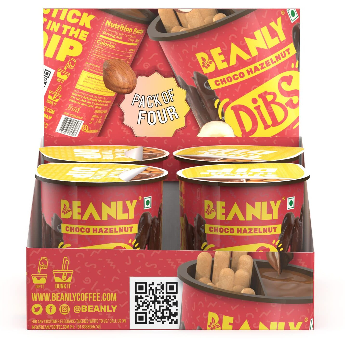 Beanly Dibs Choco-Hazelnut Spread with Breadsticks - 4 Pack Bundle (52g Each) - Rich and Decadent Flavour of Hazelnut and Chocolate - Perfect for Snacking, Topping, and Dipping (Pack of 4)