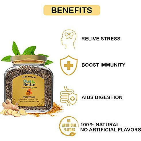 Blue Nectar Amritanadi Darjeeling Immunity Booster Green Tea with Turmeric, Tulsi & Ginger (50g | 25 cups)