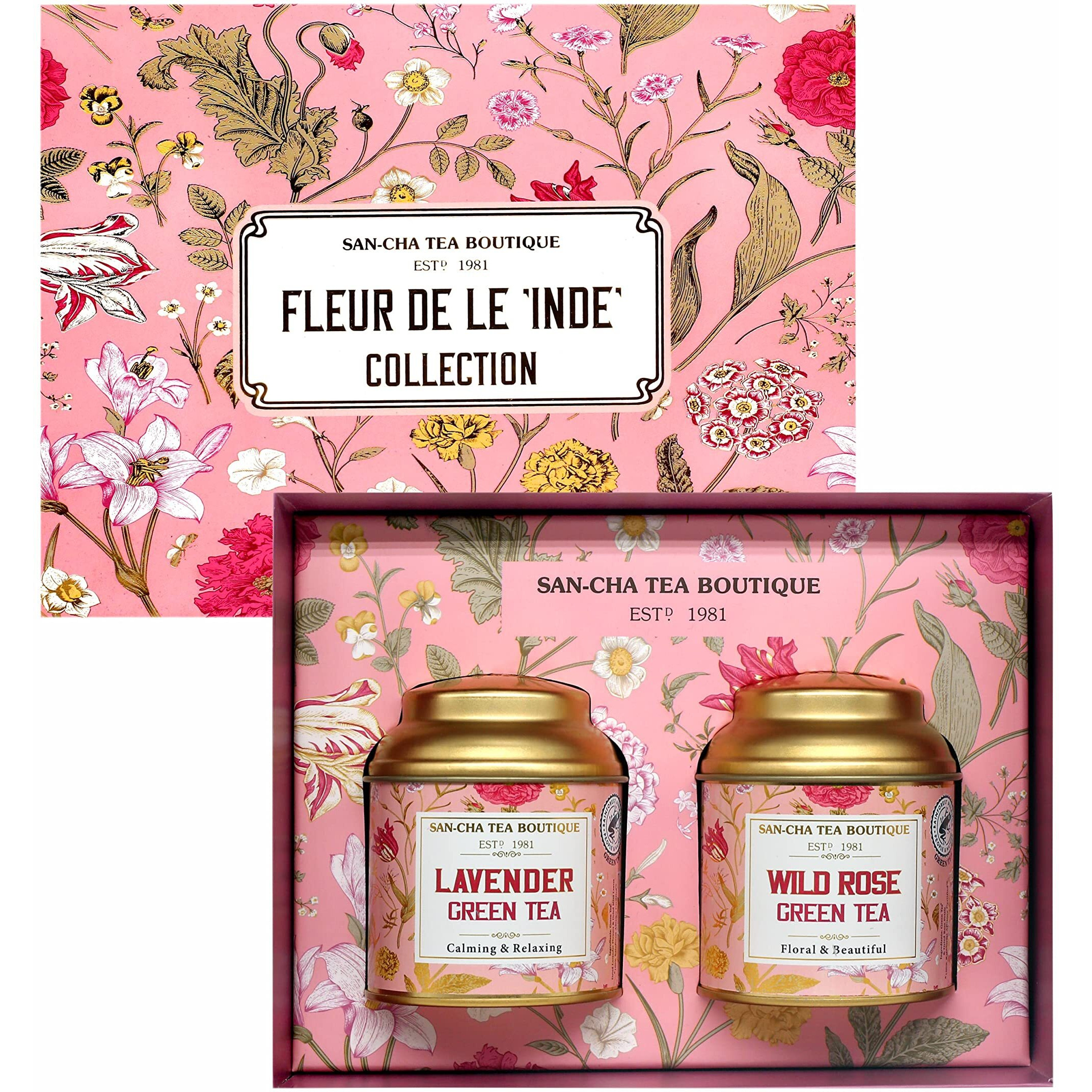 SAN-CHA Tea Boutique Fleur De L Inde Selection Tea Gift Box, Lavender Green Tea And Rose Green Tea, Flavoured Tea, Festive Gift - Loose Leaves, 100 Gm
