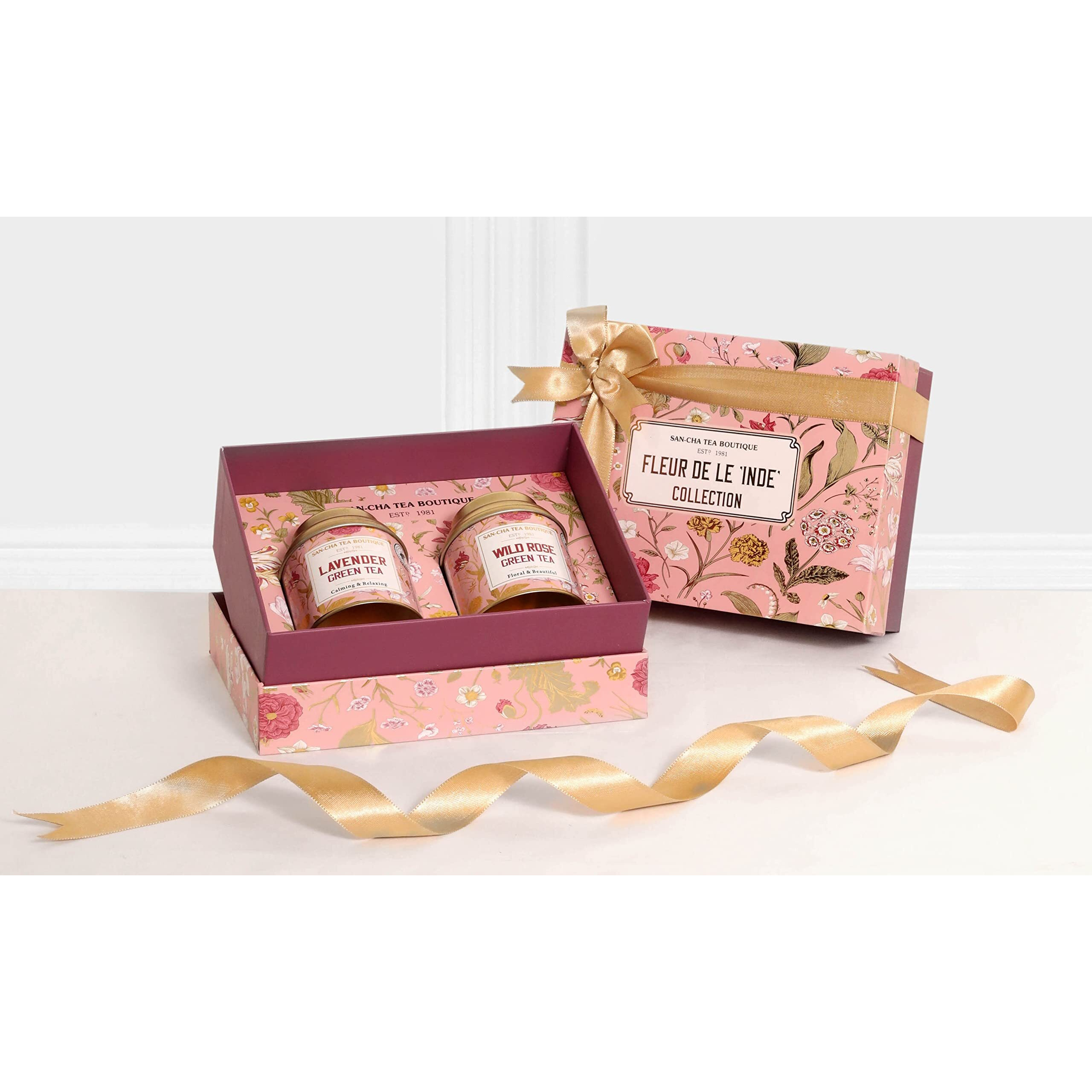 SAN-CHA Tea Boutique Fleur De L Inde Selection Tea Gift Box, Lavender Green Tea And Rose Green Tea, Flavoured Tea, Festive Gift - Loose Leaves, 100 Gm