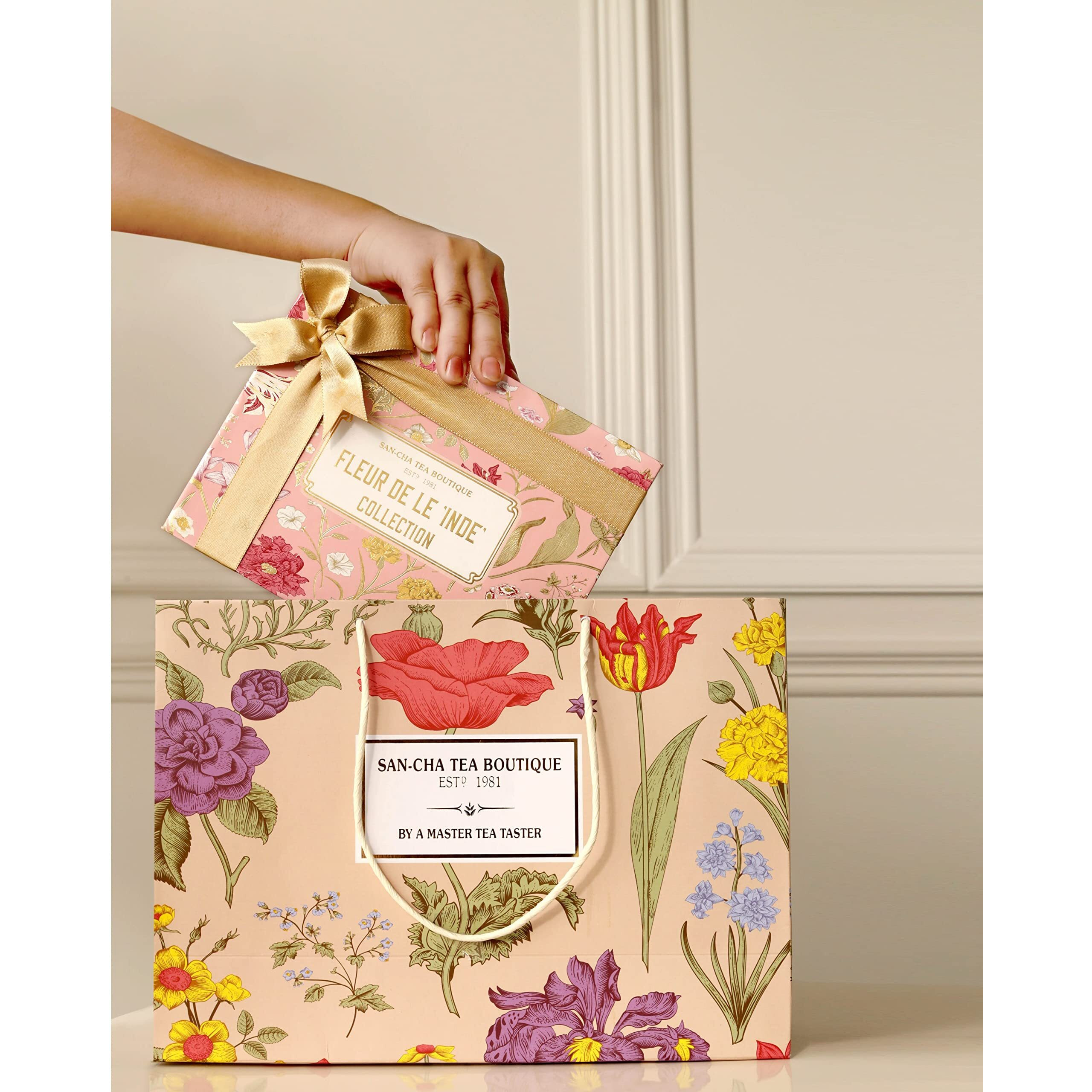 SAN-CHA Tea Boutique Fleur De L Inde Selection Tea Gift Box, Lavender Green Tea And Rose Green Tea, Flavoured Tea, Festive Gift - Loose Leaves, 100 Gm