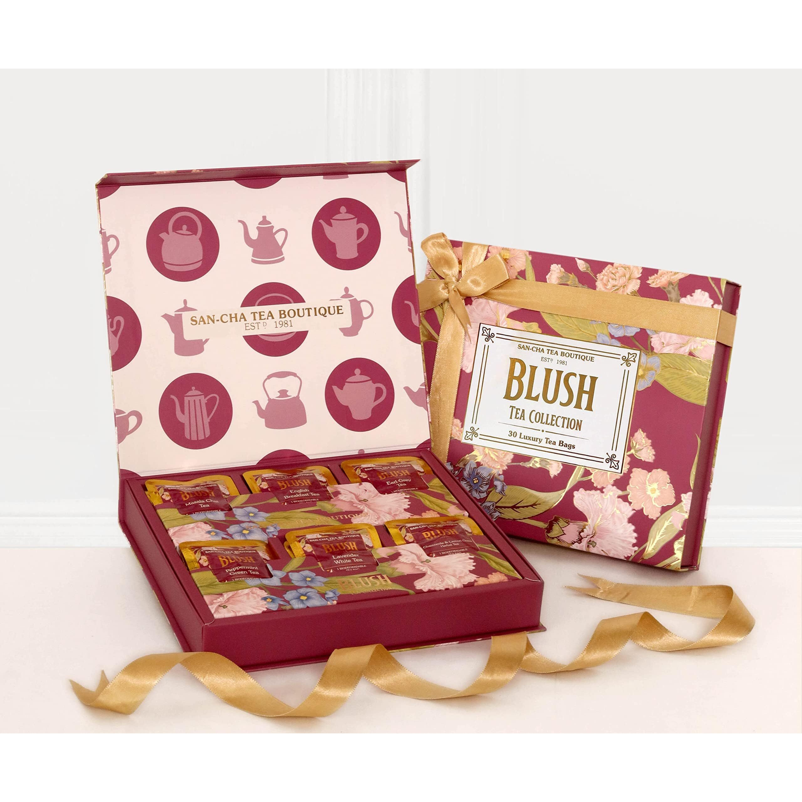 Sancha Tea Boutique, Blush Tea Collection, Tea Gift Box, 30 Pyramid Tea Bags of Masala Chai, English Breakfast Tea, Earl Grey Tea, Peppermint Tea & Chamomile Tea, Best Tea Gift Hamper