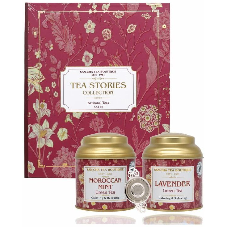 Sancha Tea Gift Box, Tea Stories Collection, Tea Hamper with 2 Green Teas & a Tea Infuser, Moroccan Mint Tea & Lavender Tea Gift Set, 100gms