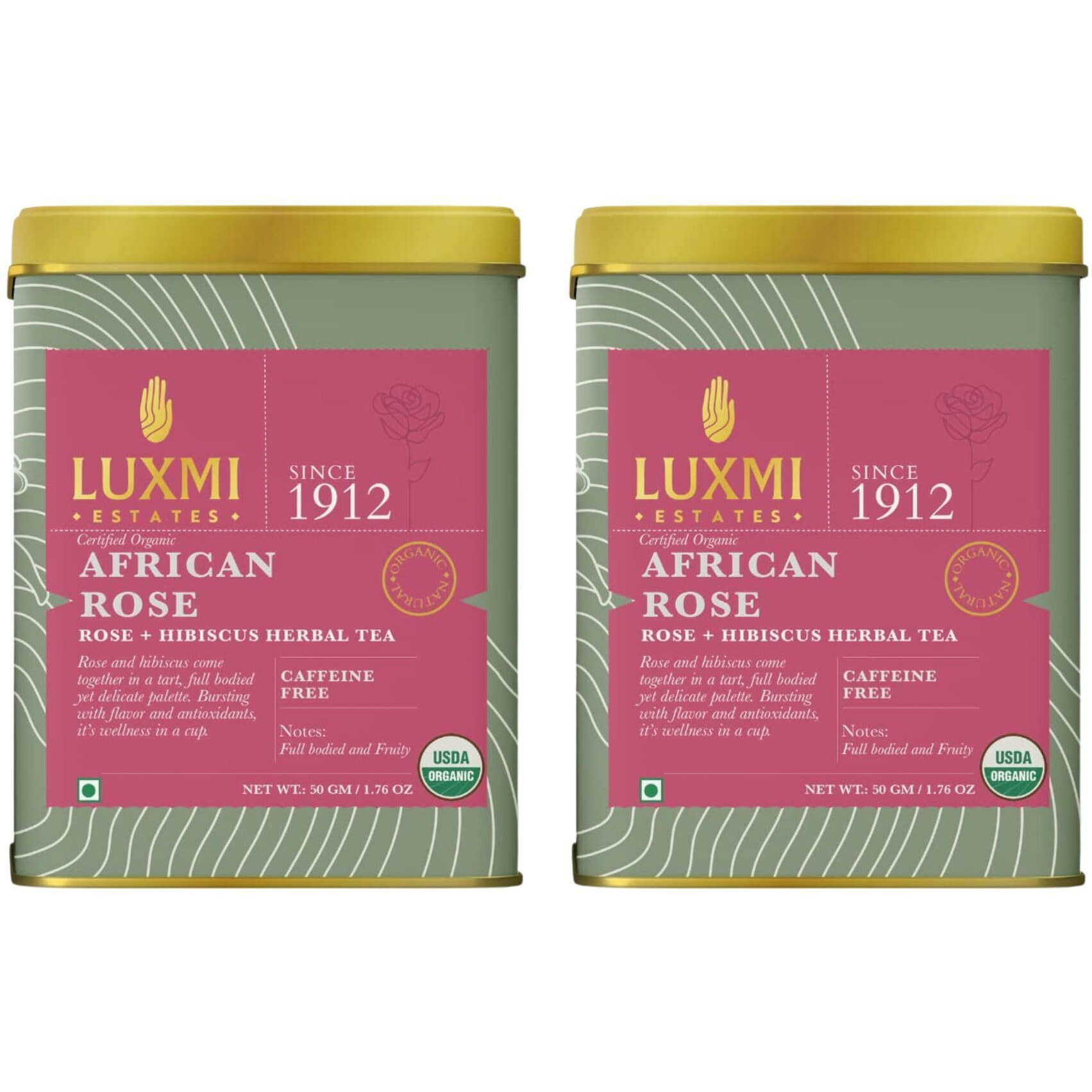 LUXMI Estates African Rose Herbal Tea 50Gm Tin (Pack Of 2) | Certified Organic Tea Loose Leaves | Hibiscus, Roses | Decaffeinated | Flavourful |100% Natural