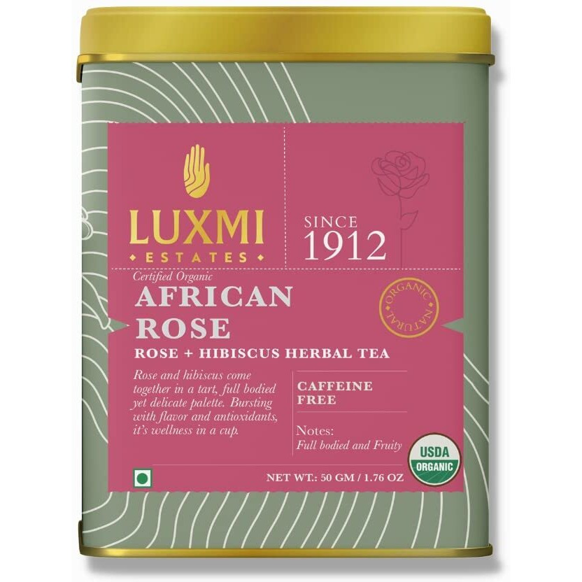 LUXMI Estates African Rose Herbal Tea 50Gm Tin (Pack Of 2) | Certified Organic Tea Loose Leaves | Hibiscus, Roses | Decaffeinated | Flavourful |100% Natural