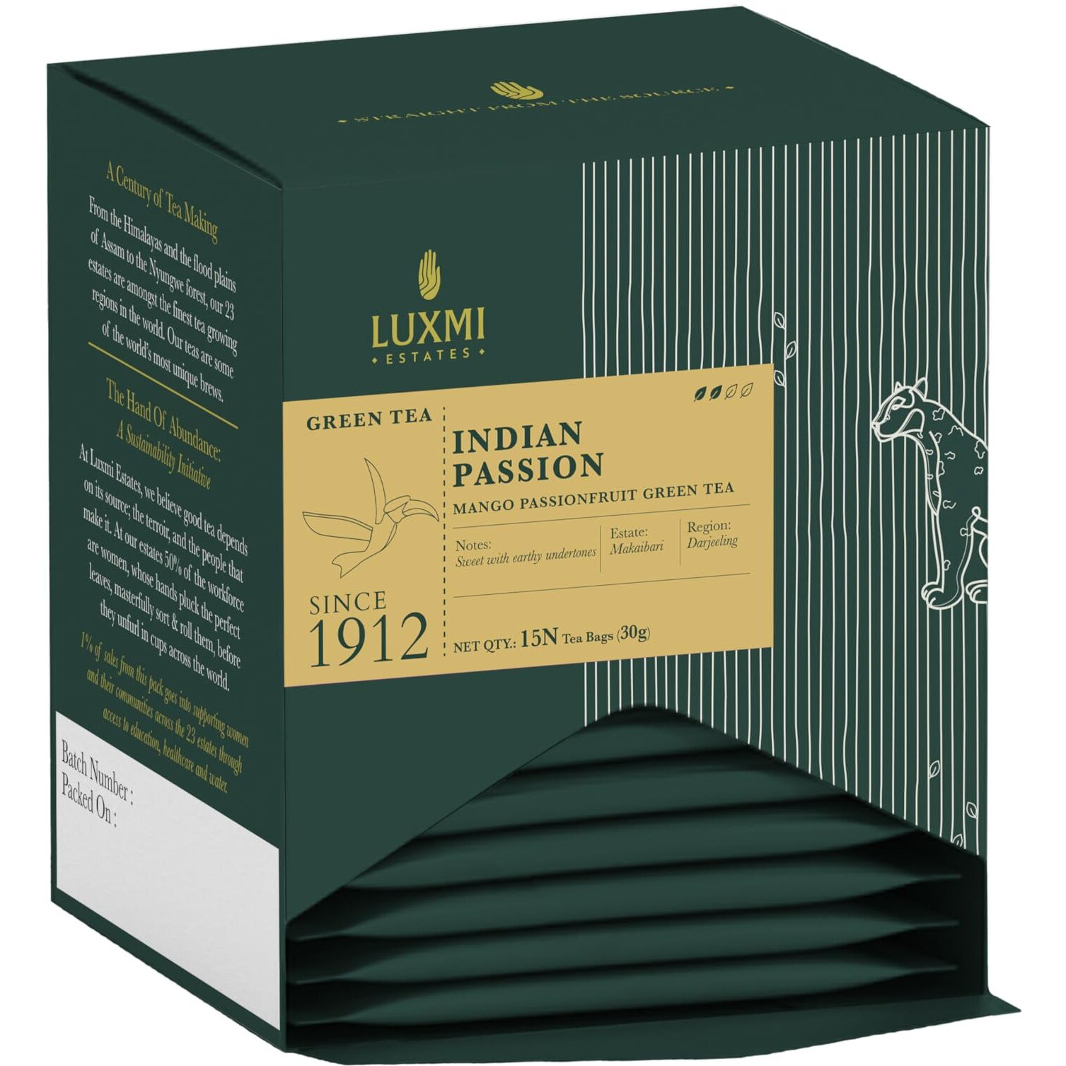 LUXMI Estates Indian Passion Green Tea 15 Tea Bags | Usda Certified Organic Darjeeling Green Tea | Mango & Passion Fruit | Lemongrass, Ginger, Lemon Peel | Tea For Relaxation | Low Caffeine, 30 Gram