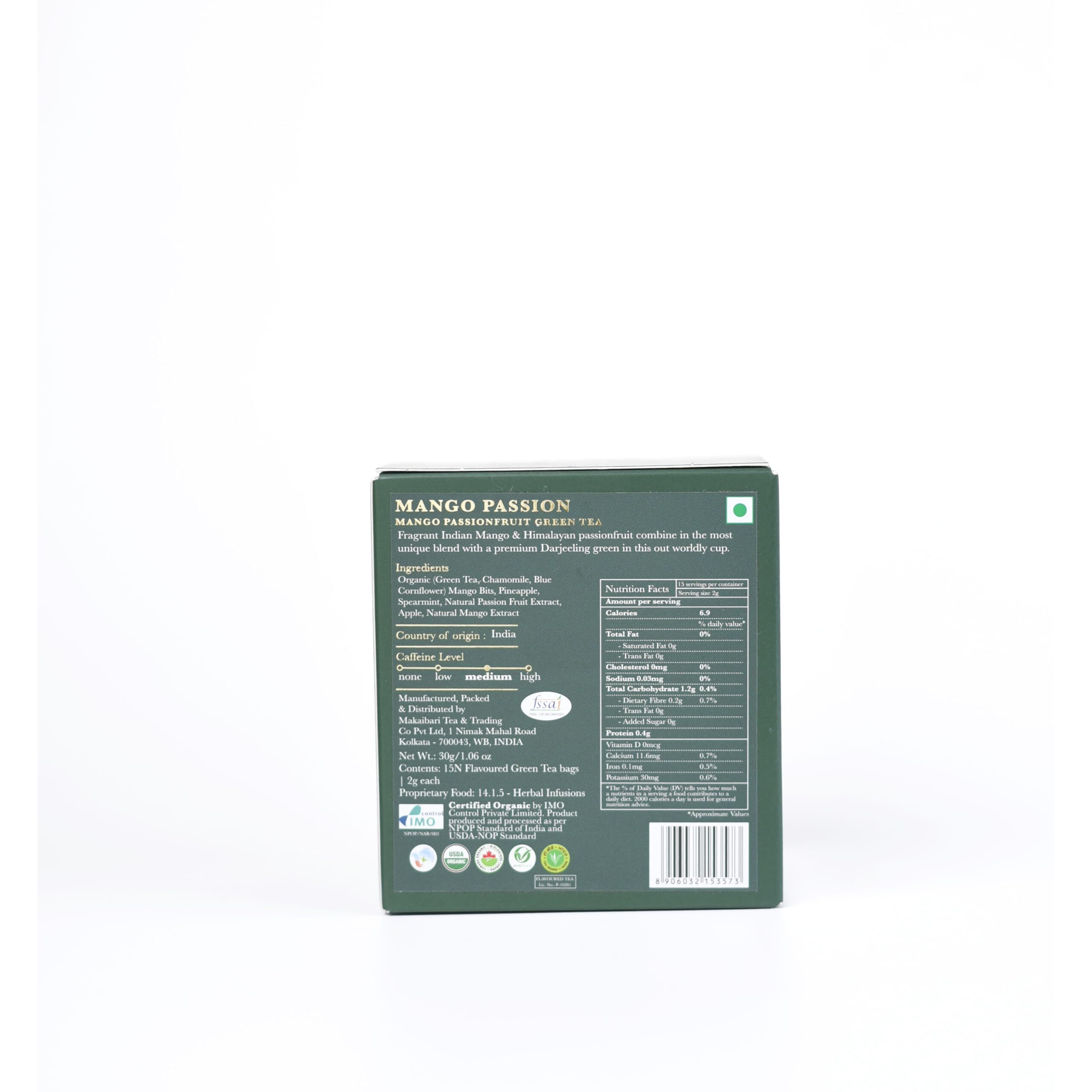 LUXMI Estates Indian Passion Green Tea 15 Tea Bags | Usda Certified Organic Darjeeling Green Tea | Mango & Passion Fruit | Lemongrass, Ginger, Lemon Peel | Tea For Relaxation | Low Caffeine, 30 Gram