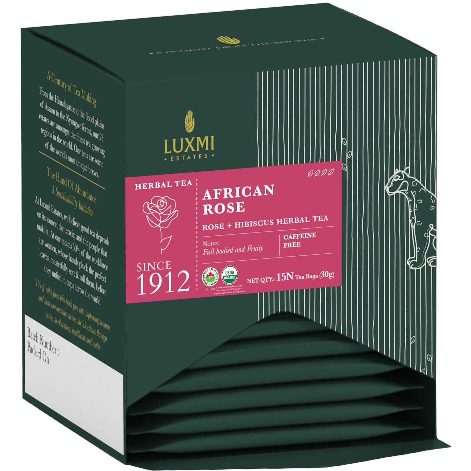 Luxmi Estates African Rose Herbal Tea 15 Tea Bags (30gm) Pack | USDA Certified Organic Tea | Hibiscus & Roses | Decaffeinated | Flavourful|100% Natural | Support A Healthy response
