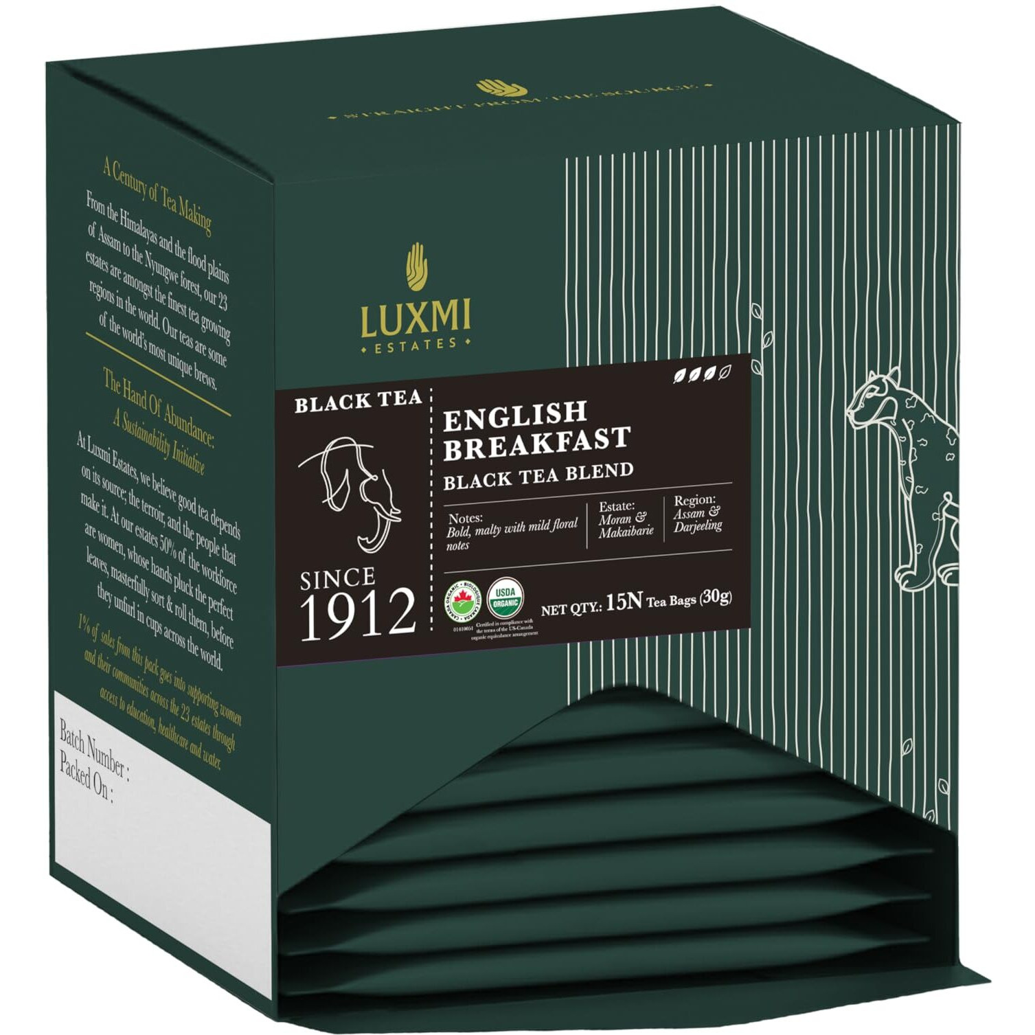 LUXMI Estates English Breakfast 15 Tea Bags (30 gram) Pack, A Tale Of Two Estates, Certified Organic Black Tea Leaf, Caffeinated, Antioxidant Rich, Darjeeling & Assam Tea