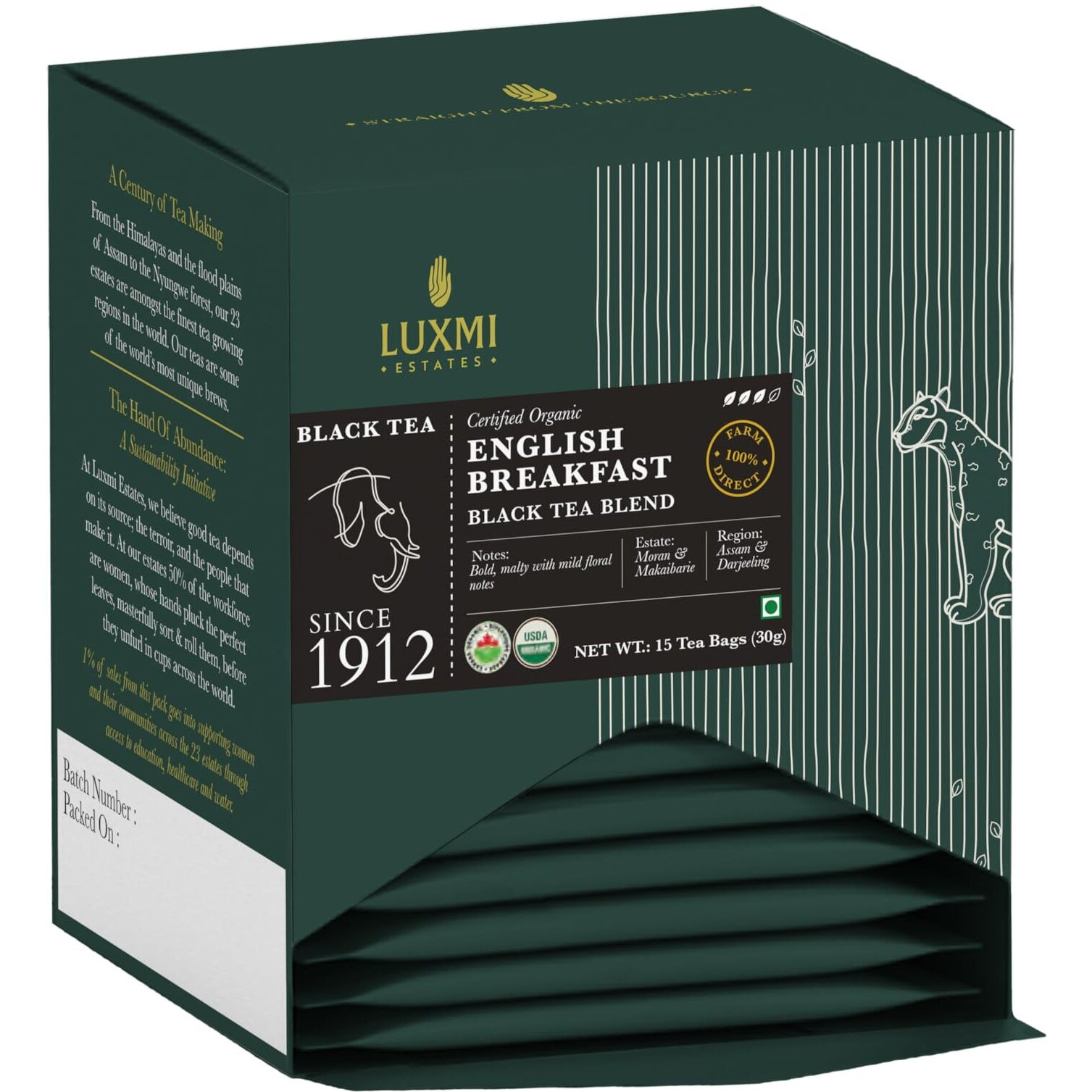 LUXMI Estates English Breakfast 15 Tea Bags (30 gram) Pack, A Tale Of Two Estates, Certified Organic Black Tea Leaf, Caffeinated, Antioxidant Rich, Darjeeling & Assam Tea