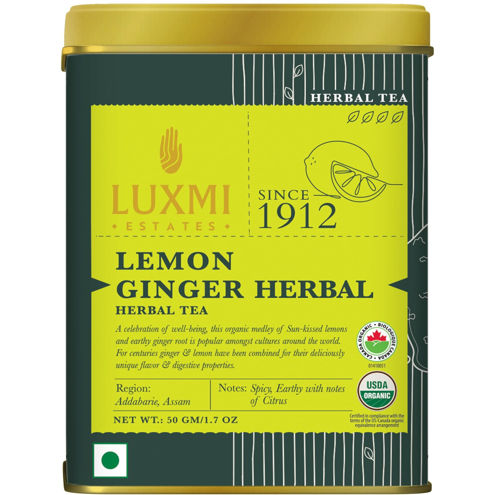 Luxmi Estates Lemon Ginger Root - 50gm Tin Loose Leaf | Certified Organic Herbal Tea | Citrus Flavor & Aroma | Lemon Peel, Ginger, Lemongrass, Licorice - Calming, Supports Digestion