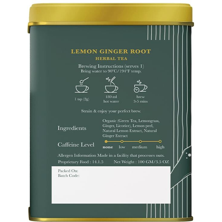 Luxmi Estates Lemon Ginger Root - 50gm Tin Loose Leaf | Certified Organic Herbal Tea | Citrus Flavor & Aroma | Lemon Peel, Ginger, Lemongrass, Licorice - Calming, Supports Digestion