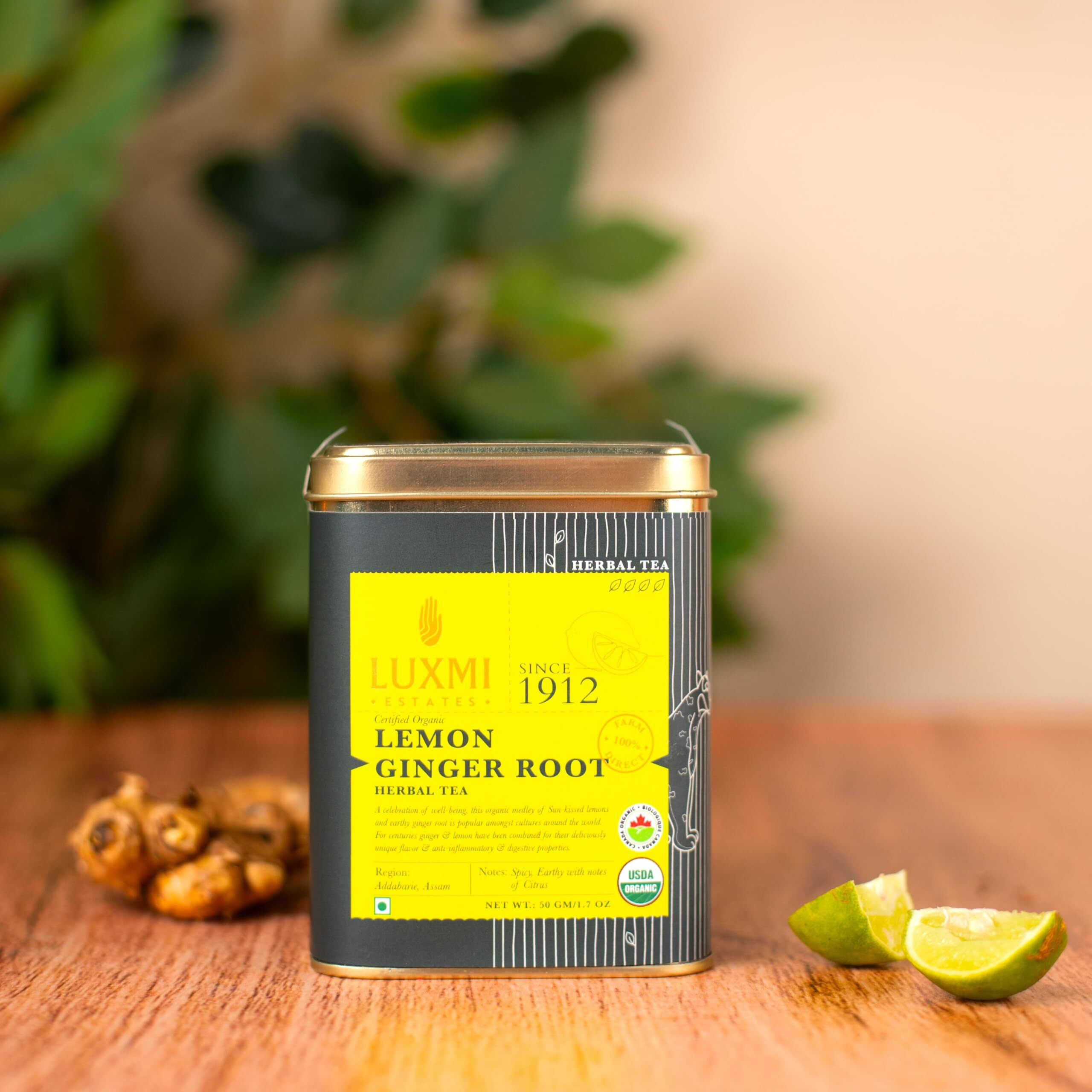 Luxmi Estates Lemon Ginger Root - 50gm Tin Loose Leaf | Certified Organic Herbal Tea | Citrus Flavor & Aroma | Lemon Peel, Ginger, Lemongrass, Licorice - Calming, Supports Digestion
