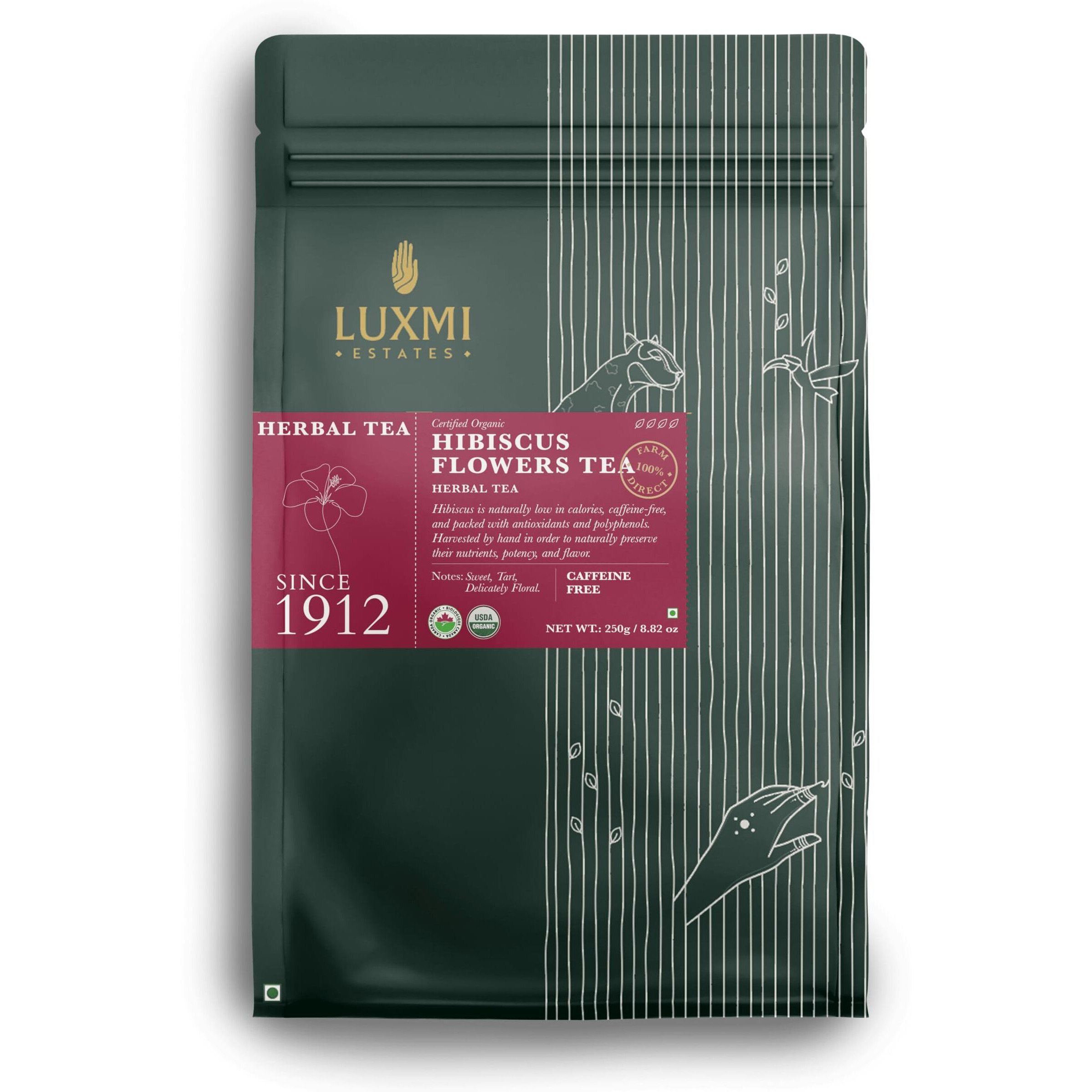 Luxmi Estates Organic Hibiscus Flower Loose Tea 250g (125 Cups) | Non-GMO Caffeine-Free | Cut & Sifted, Gluten Free, Non GMO, Great for Iced Tea and Hot Tea