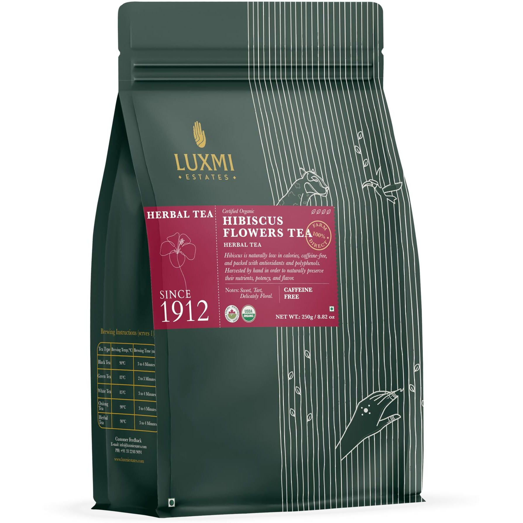 Luxmi Estates Organic Hibiscus Flower Loose Tea 250g (125 Cups) | Non-GMO Caffeine-Free | Cut & Sifted, Gluten Free, Non GMO, Great for Iced Tea and Hot Tea
