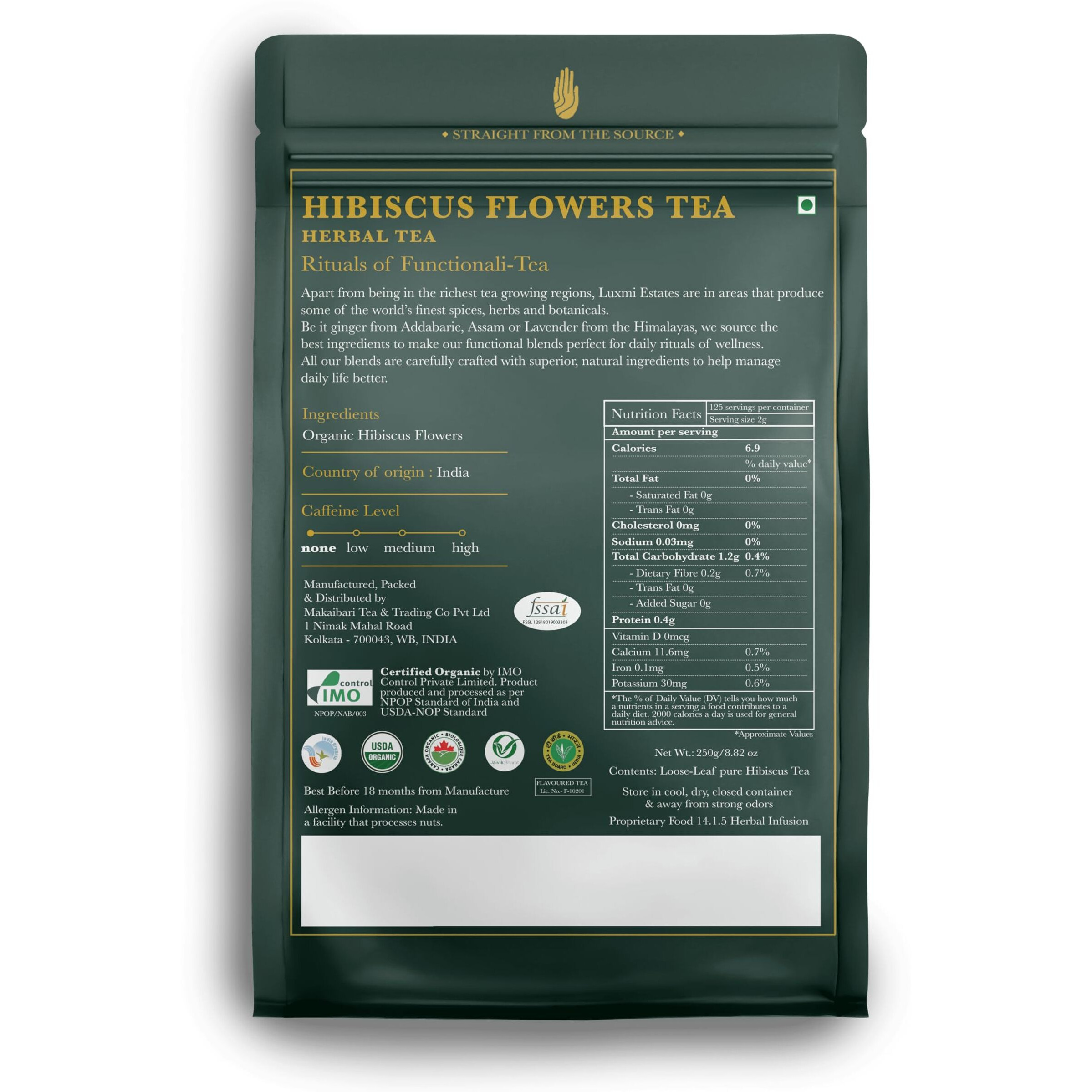 Luxmi Estates Organic Hibiscus Flower Loose Tea 250g (125 Cups) | Non-GMO Caffeine-Free | Cut & Sifted, Gluten Free, Non GMO, Great for Iced Tea and Hot Tea