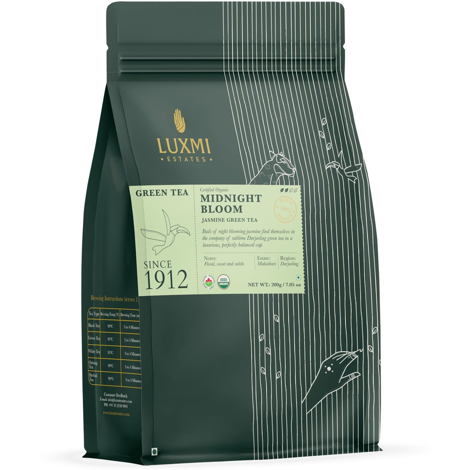 LUXMI Estates Midnight Bloom Jasmine Green Loose Leaf Tea 200Gm | Rich In Antioxidants | Certified USDA Organic Green Tea | Organic Jasmine Buds | Improve Digestion | Helps Relief Stress | 100 Cups