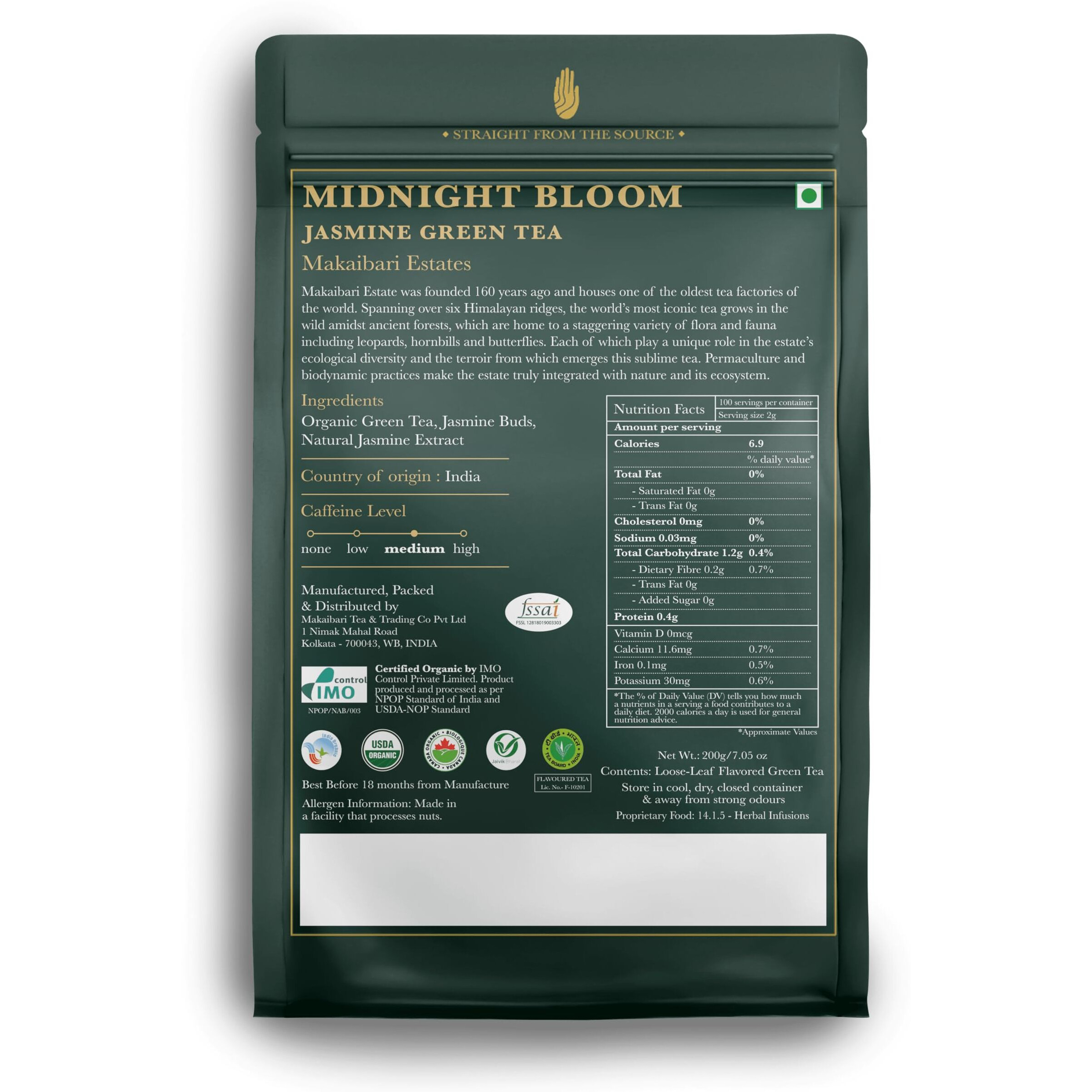 LUXMI Estates Midnight Bloom Jasmine Green Loose Leaf Tea 200Gm | Rich In Antioxidants | Certified USDA Organic Green Tea | Organic Jasmine Buds | Improve Digestion | Helps Relief Stress | 100 Cups