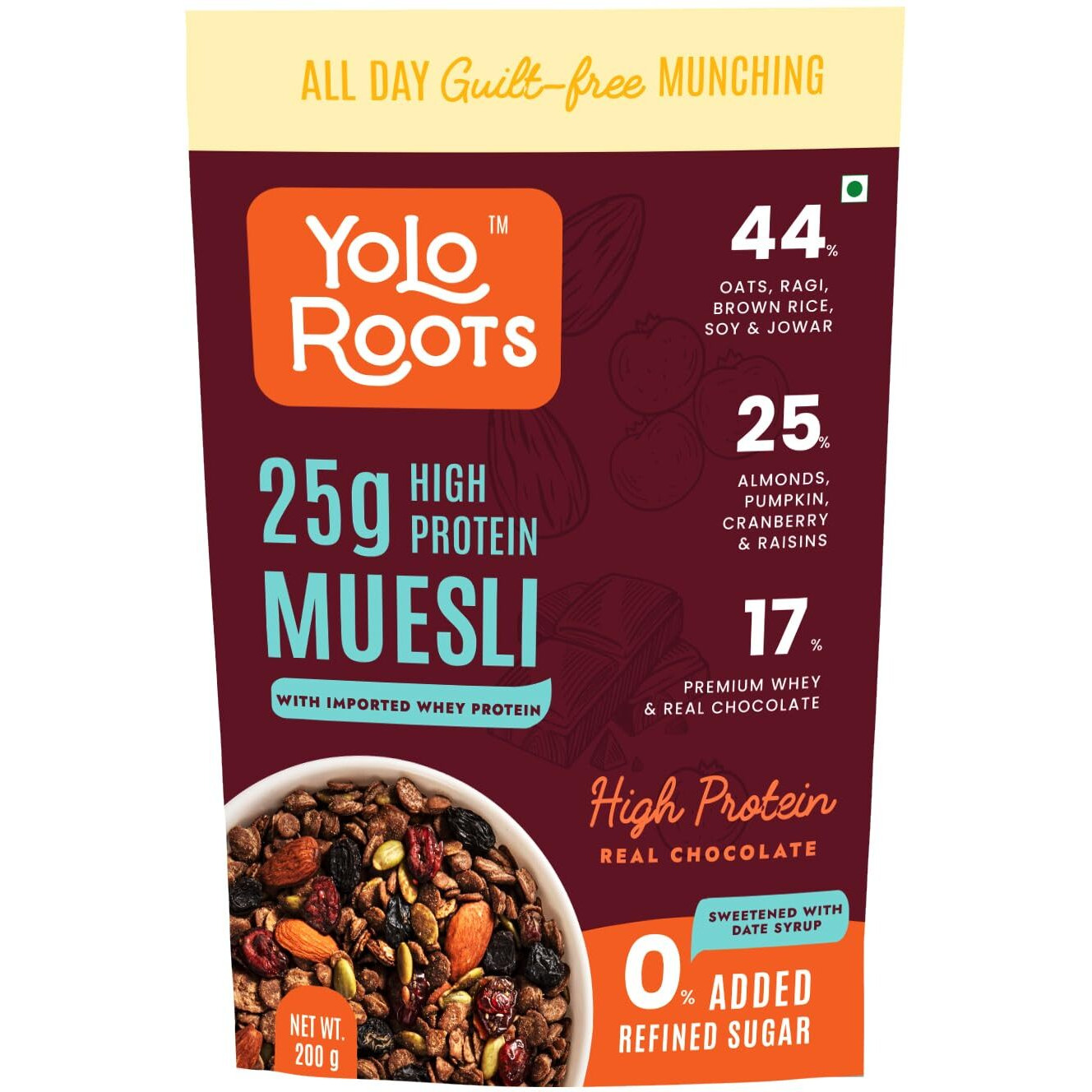 Yolo Roots High Protein Muesli 200g | Breakfast Cereal with 17% Premium Whey Protein Isolate & Real Dark Chocolate | 25% Almond, Pumpkin, Cranberry Made with Date Syrup