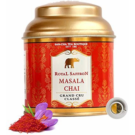 SAN-CHA Tea Boutique, Royal Saffron Masala Chai, 50 Gram Loose Leaf Tea, Real Saffron, Cardamom, Ginger & Cinnamon Tea Blend, Chai Patti, Kesar Chai, Real Kesar Tea