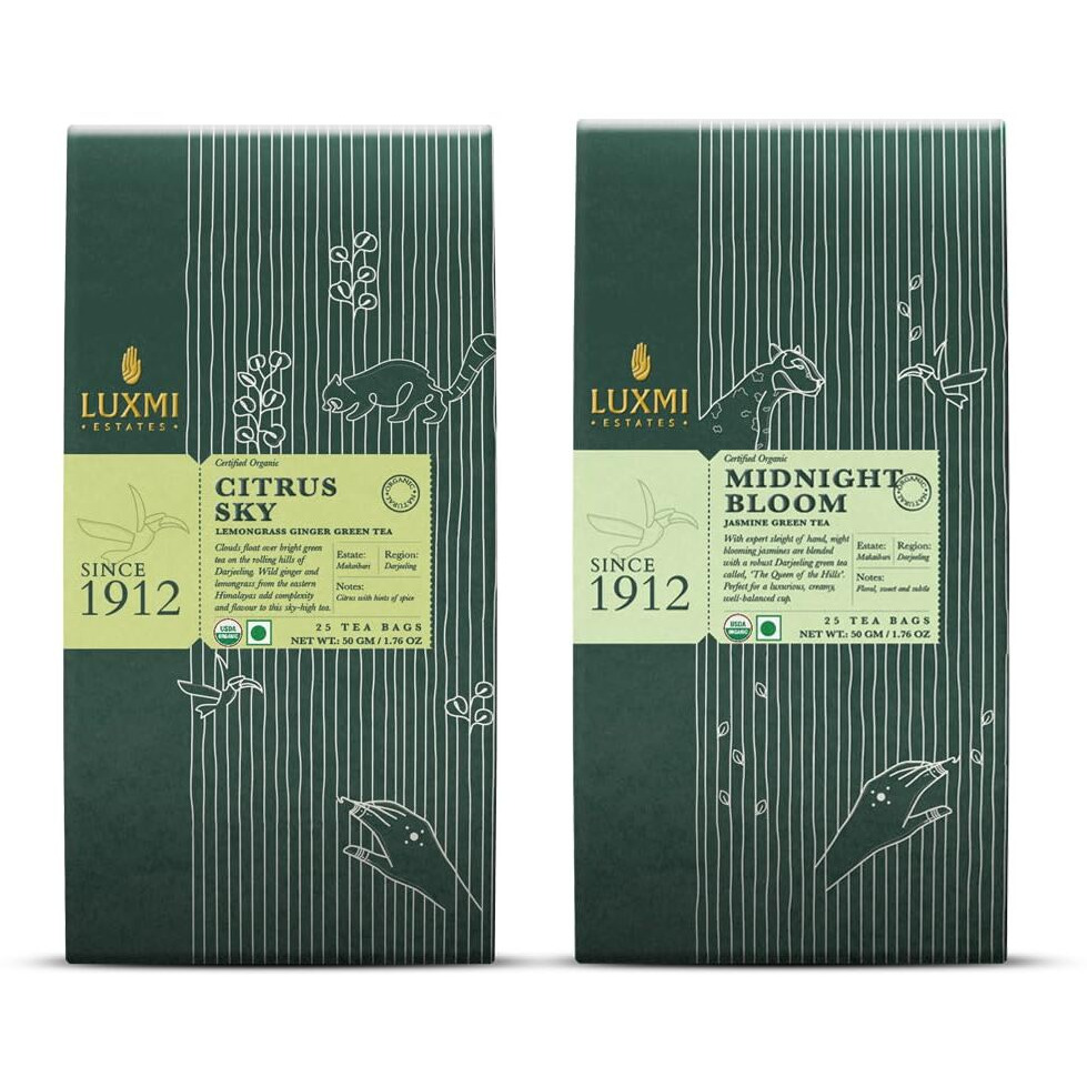 LUXMI Estates - Green Tea Detox Variety Tea Pack (2 Pack) - With Lemongrass Ginger, Rose, Jasmine Green Tea | Natural Detox, Cleansing Antioxidant Blend - 50 Organic Herbal Tea Bags, 100 Gm