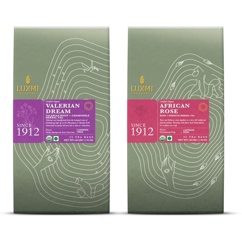 LUXMI Estates Sleep & Relaxation Tea Variety Pack (2 Pack) | Valerian Root, Rose, Hibiscus, Lavender, Chamomile | Caffeine-Free Organic Herbal Tea Bags | Stress Relief & Bedtime Comfort, 180 Gram