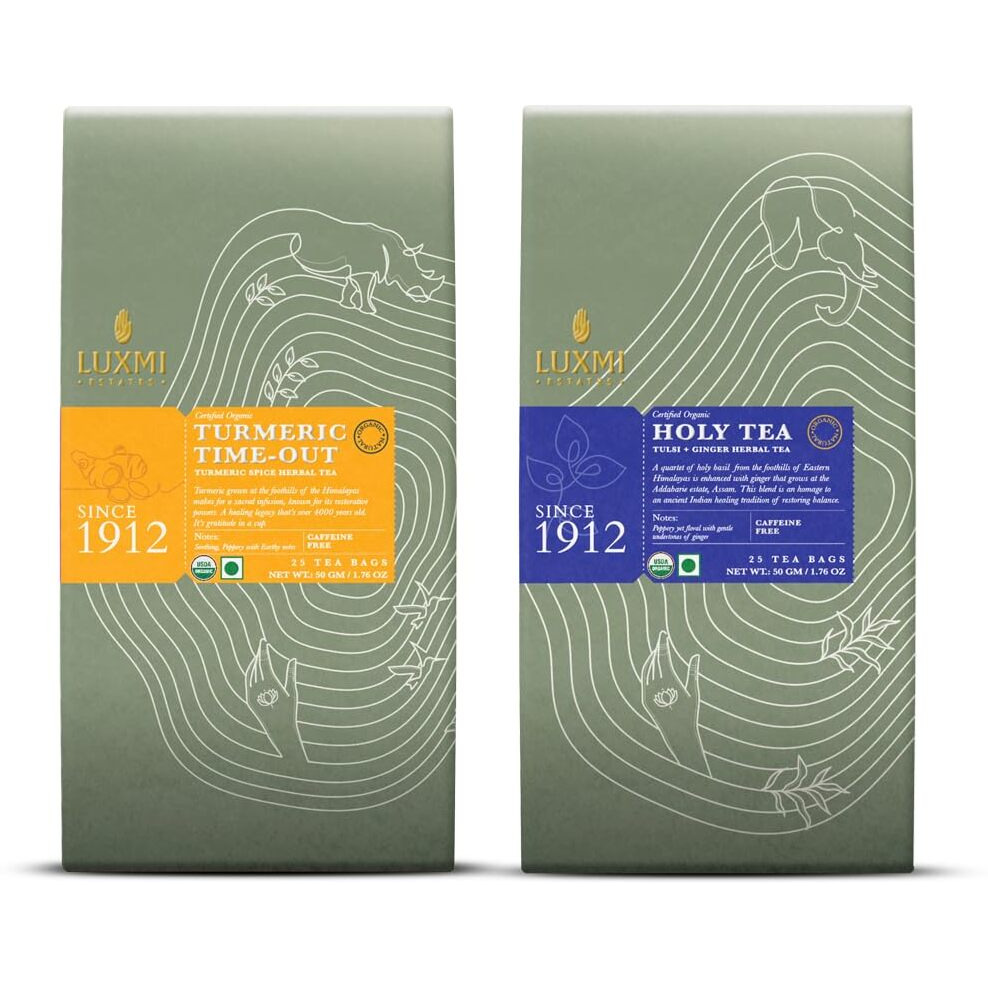 LUXMI Estates - Digestive Ease Variety Tea Bundle (2 Pack) - With Turmeric Ginger Herbal Tea, Tulsi Basil Tea | Caffeine Free - 50 Organic Herbal Tea Bags, 210 Gram