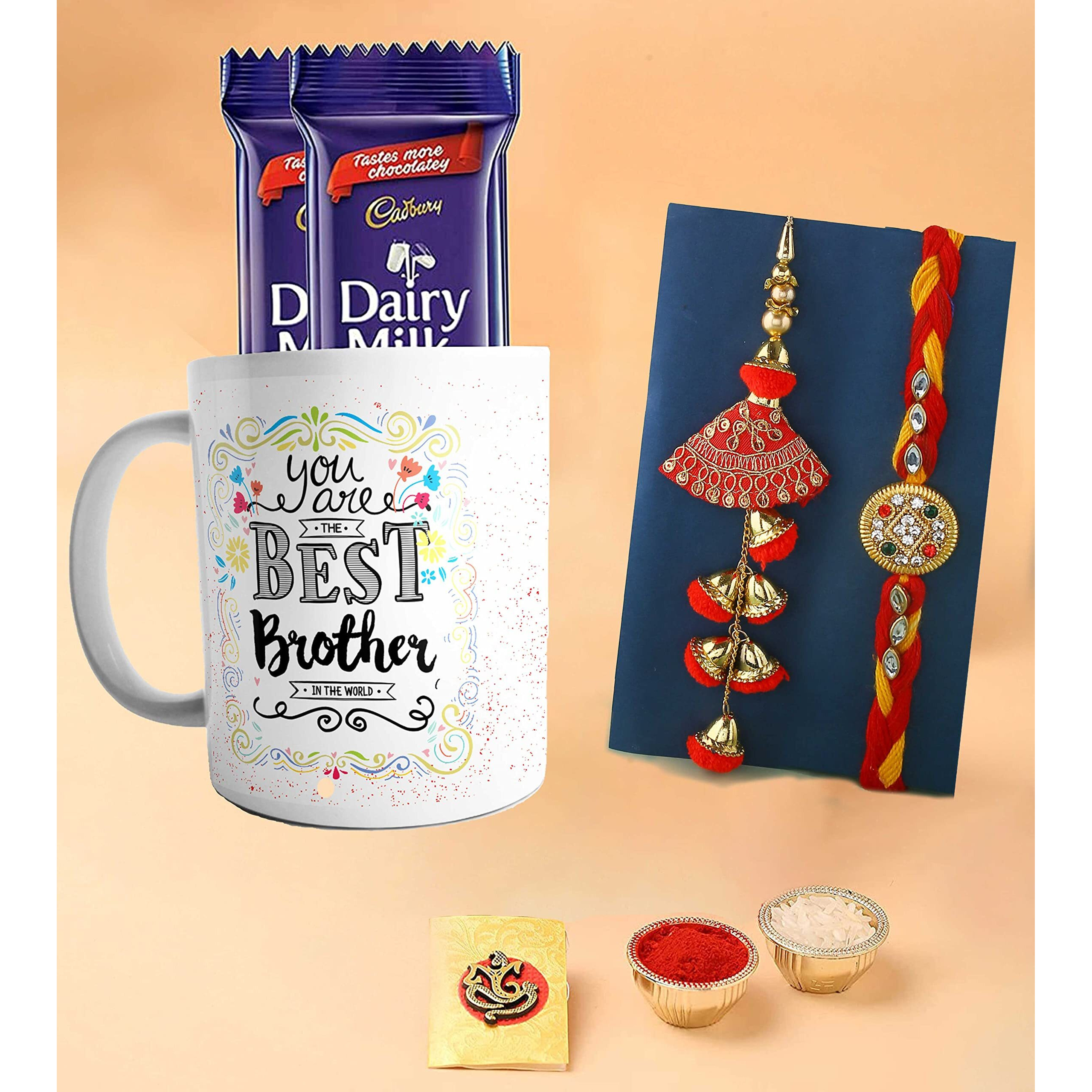Rakhi Gift for Brother with Chocolates Mug Gift Combo - Premium Lumba Kundan Rakhi with Chocolates and Roli Chawal Tika - Rakhi for Brother Bhai Bhaiya Boy Men Women
