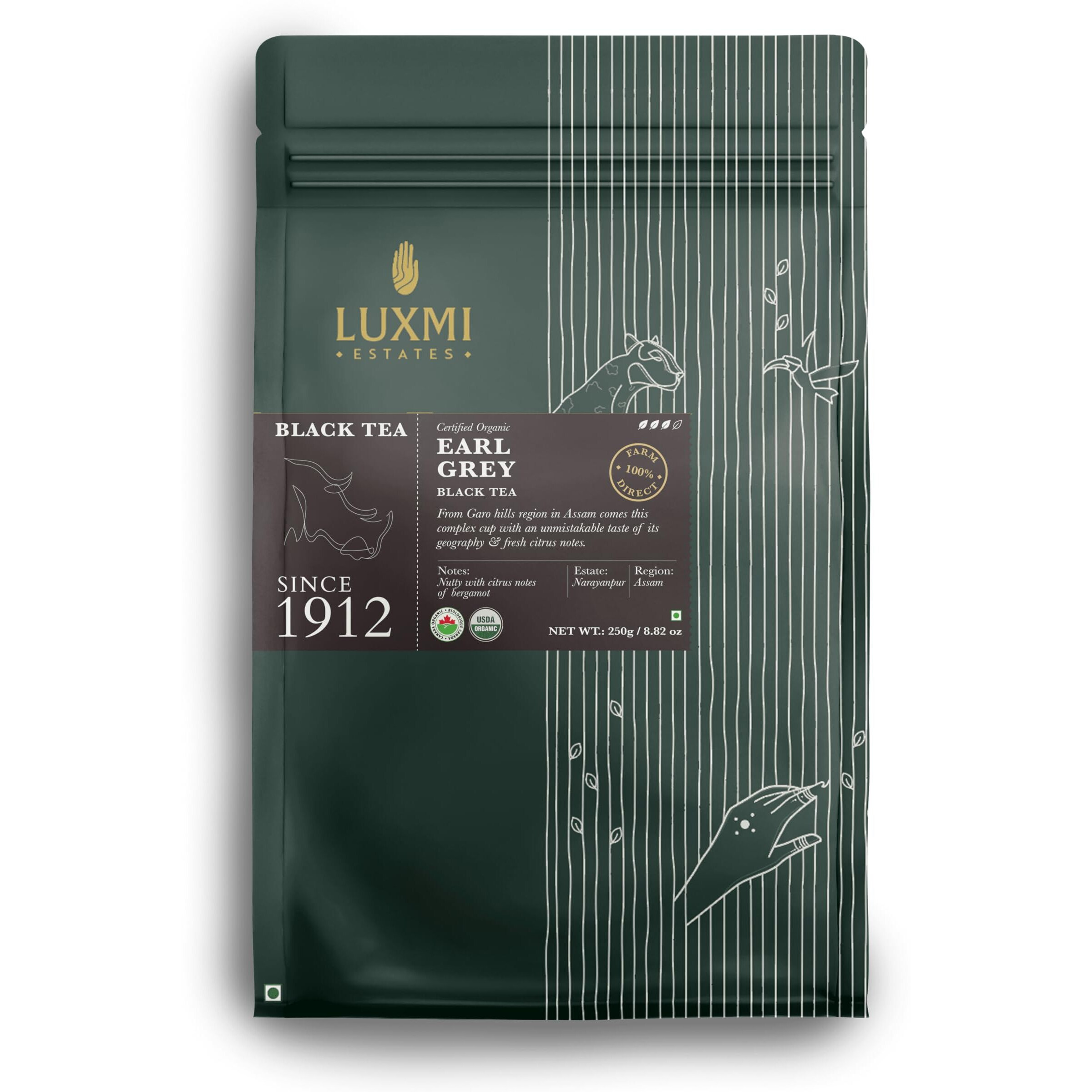 Luxmi Estates Garo Hills Organic Earl Grey Black Tea 250gm Pack | USDA Organic | Highly Caffeinated | 100% Natural Bergamot Extracts | 125 Cups | Assam Black Tea