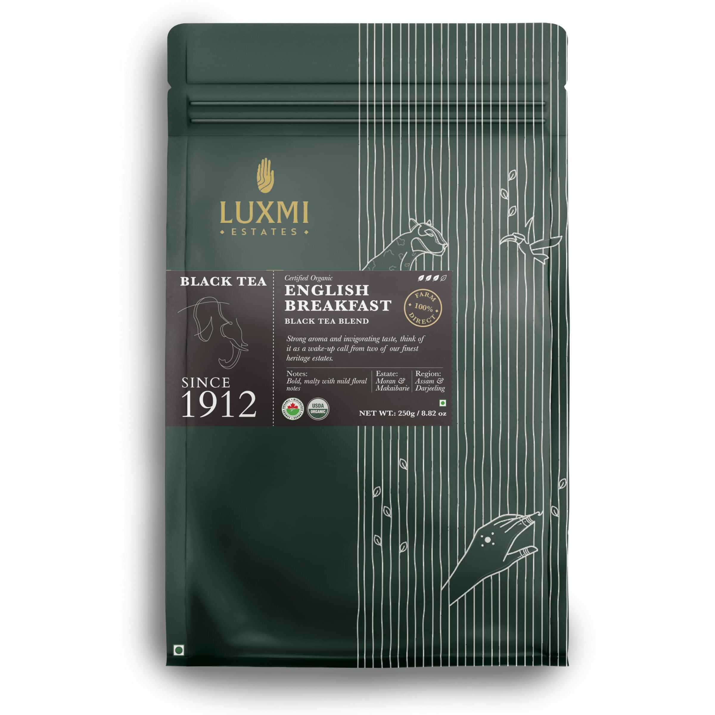 LUXMI Estates English Breakfast Tea 250 Gm Loose Leaf | A Tale Of Two Estates | USDA Certified Organic Tea | Smooth, Flavorful, Robust, High Caffeinated | Darjeeling & Assam Tea | 250 grams