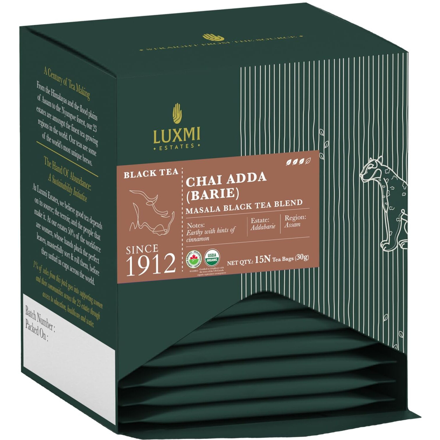 Luxmi Estates Masala Chai 15 Tea Bags Pack | Chai Adda-Bari | Organic Black Tea | Strong, Robust & Aromatic Masala Chai | Indian Spice Chai Enriched with Cinnamon & Cardamom | Immunity Booster, 30 gm
