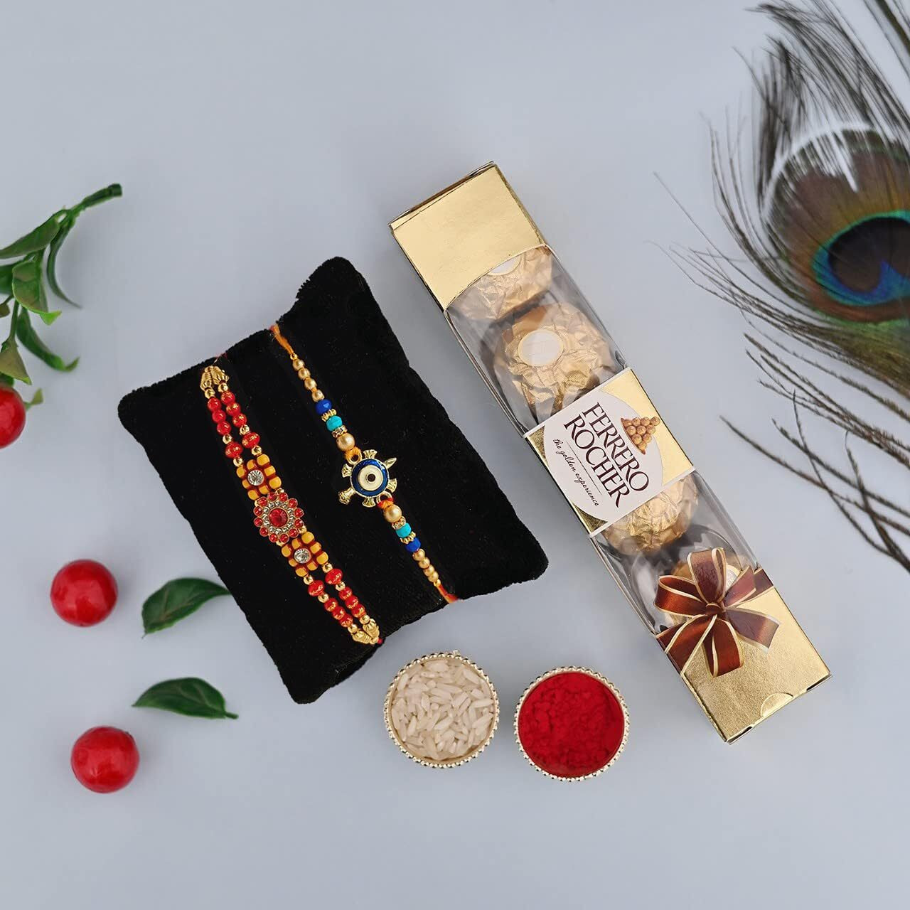 Rakshabandhan Rakhi Gift Hamper for Brother Bhai Bhabhi Kids with Ferrero Rocher Chocolates 2 Rakhi Set Combo, chocolates, Greeting Card, Tilak Pack