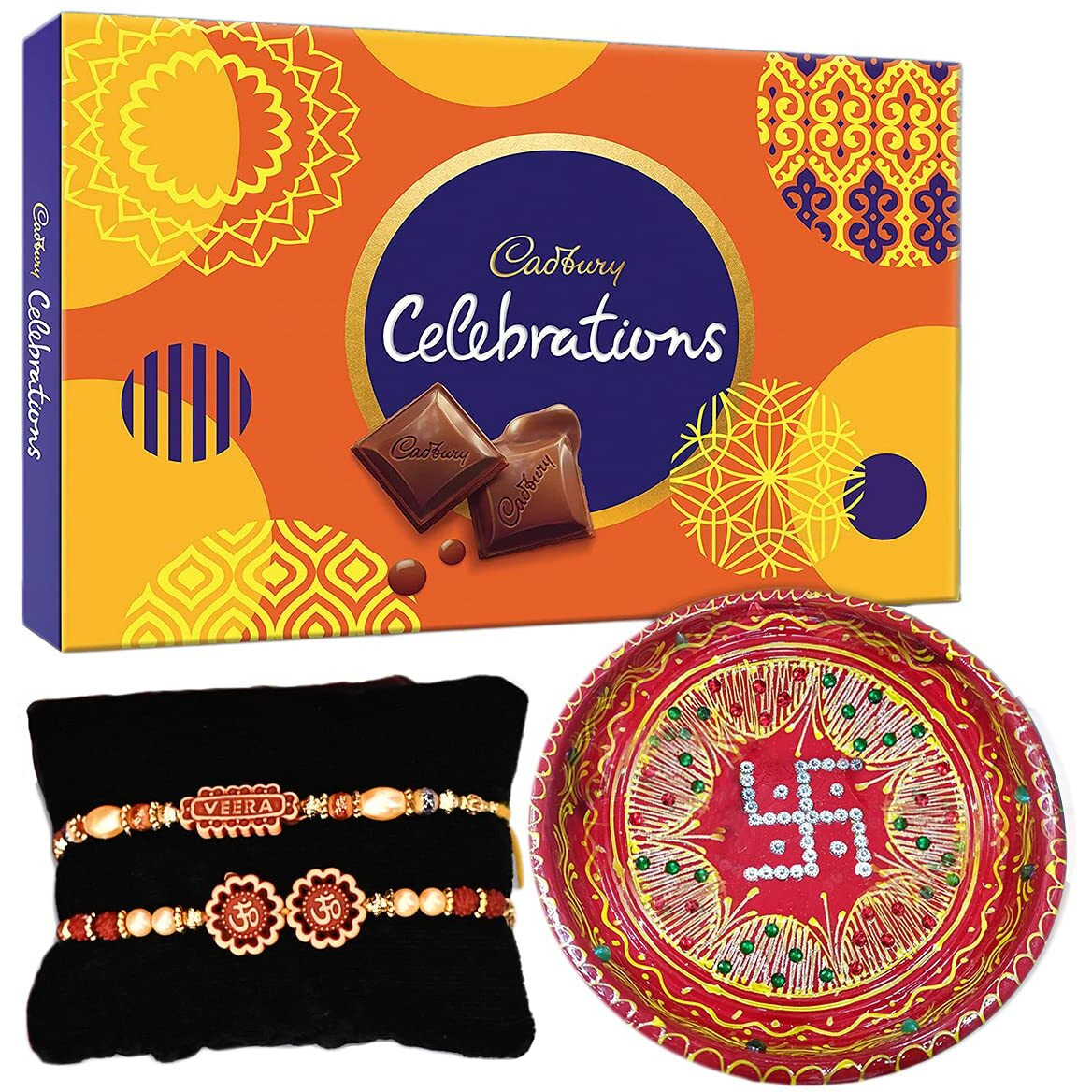 Collectible India Rakhi Thali Set With Diya For Brother Bhabhi , Rakhi Set of 2 Veera Om Rakhi & Cadbury Celebration Chocolate Gift Set for Brother [Gift Combo - Rakhi with Cadbury Chocolate and Decorative Thali Set Gift Tilakk Material & Greeting Card