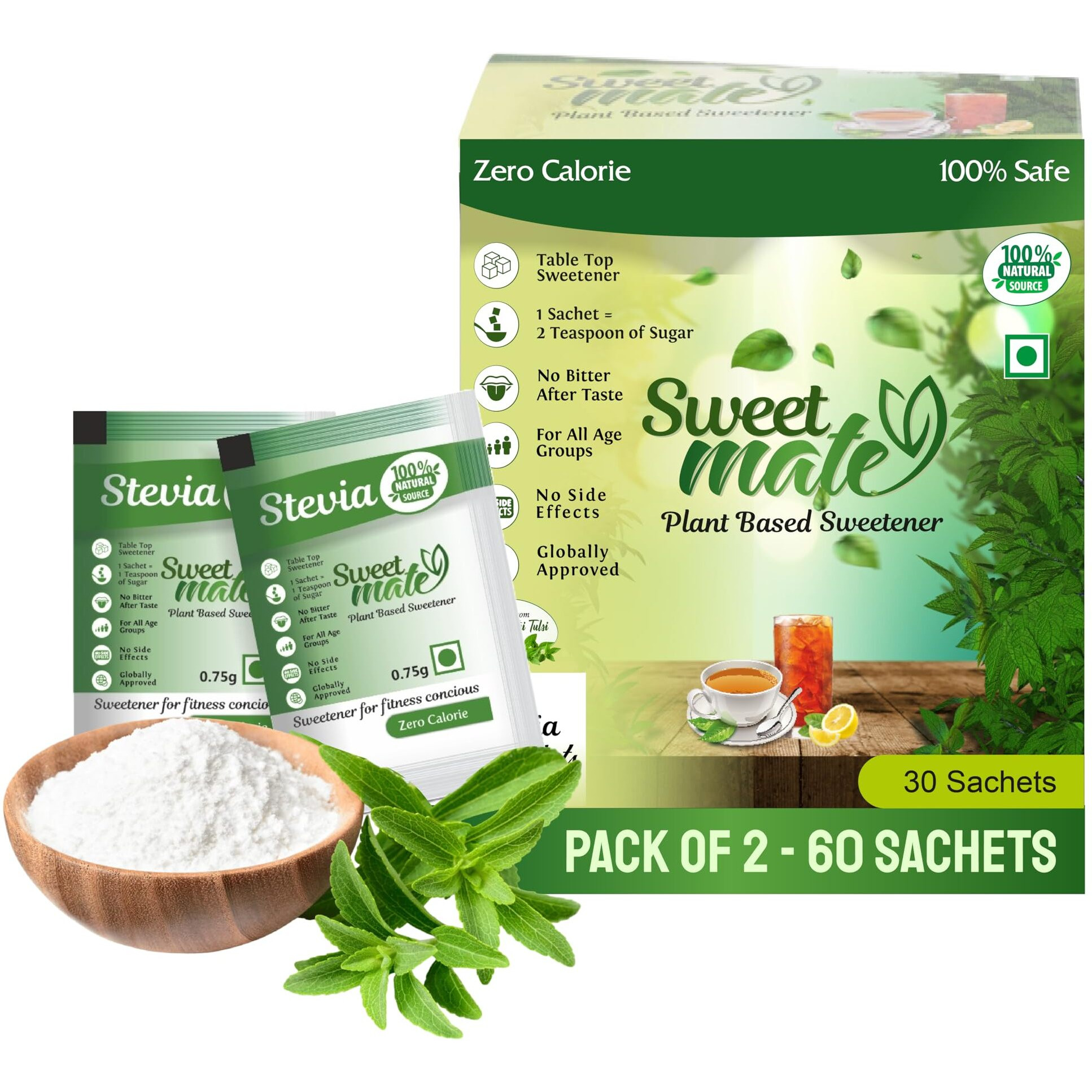 Sweetmate Stevia Sachets (30 Sachet x Pack 2) - 60 Servings | 100% Sugar Free, Natural, Diabetic Friendly | Plant-Based Natural Sweetener Powder, Zero Calories | Vegan & Keto Friendly Stevia Powder