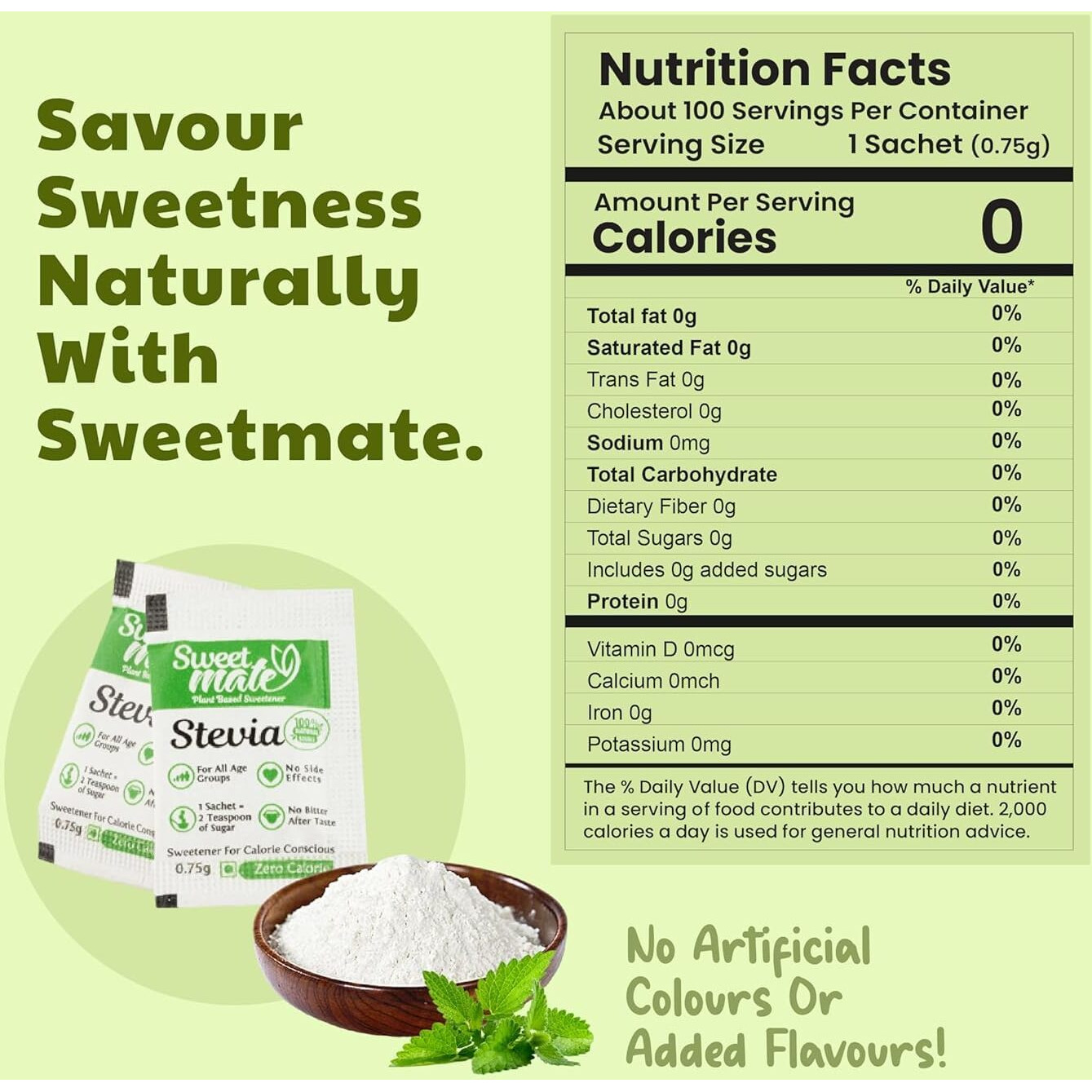 Sweetmate Stevia Sachets (30 Sachet x Pack 2) - 60 Servings | 100% Sugar Free, Natural, Diabetic Friendly | Plant-Based Natural Sweetener Powder, Zero Calories | Vegan & Keto Friendly Stevia Powder