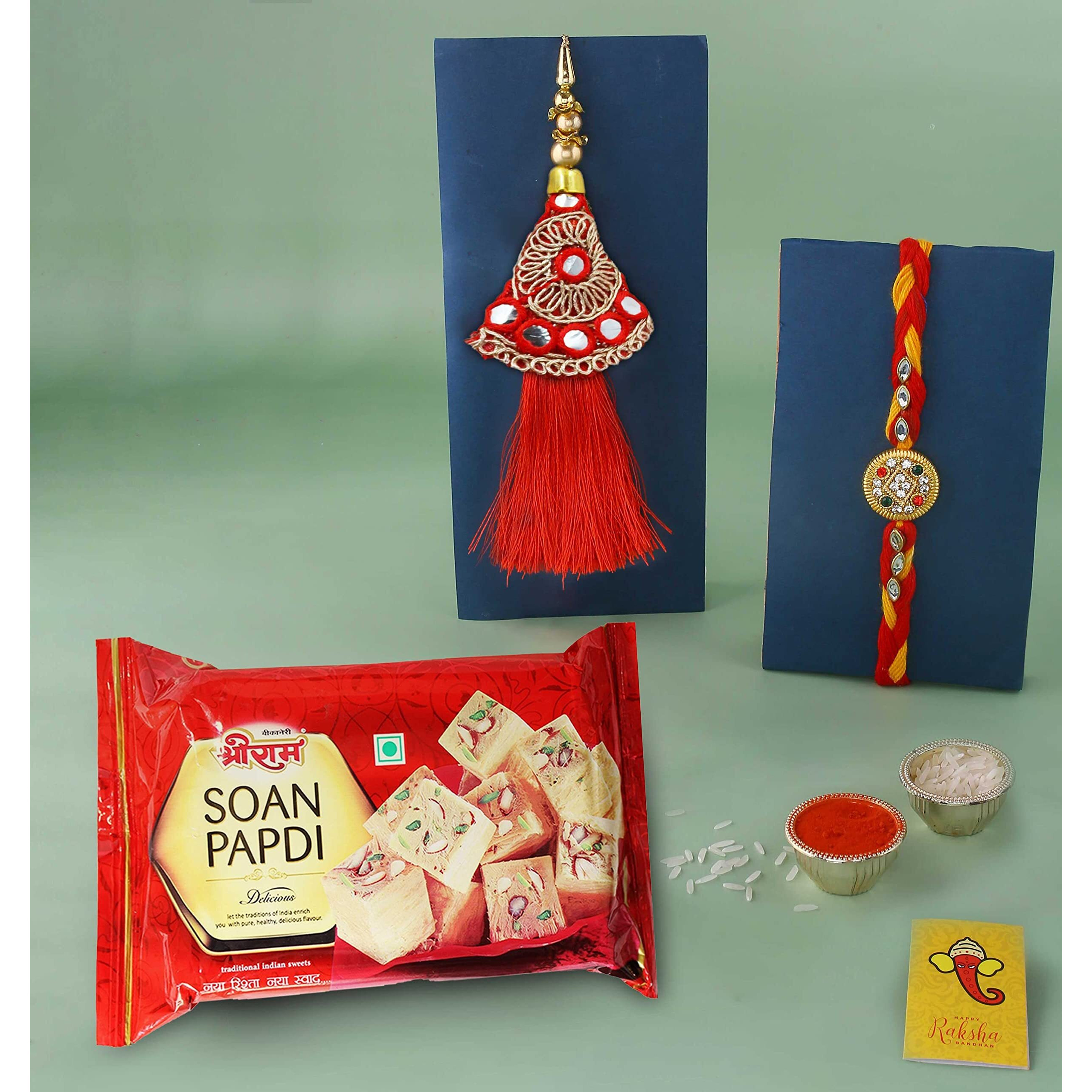 CraftVatika Lumba Rakhi Combo with Soan Papdi Sweets Gift for Brother and Bhabhi, Rakshabandhan Rakhis for Bhai Bhaiya Bhabhi Sister In Law Gift Complete Hamper, Rakhi Sweets for Brother
