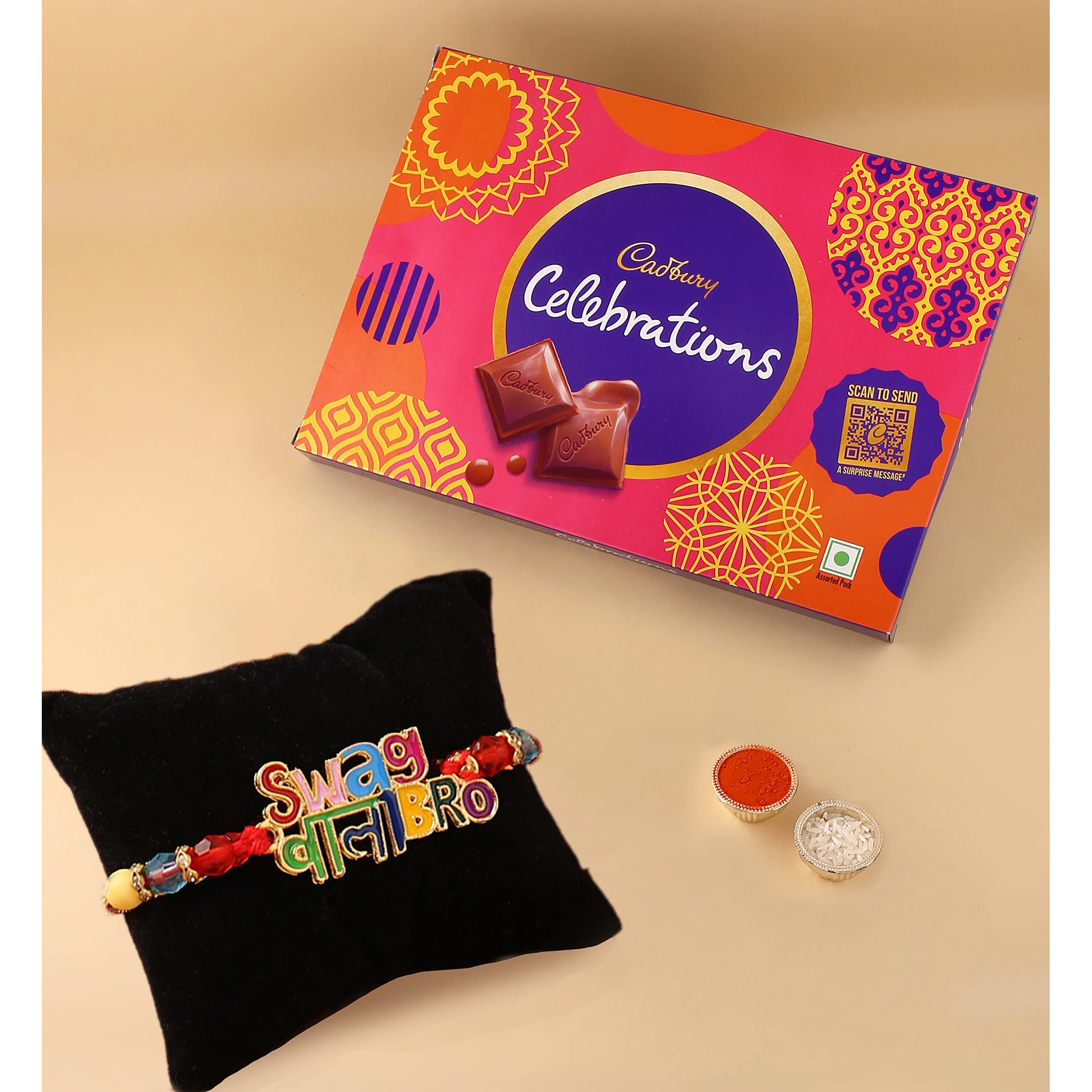 CraftVatika Designer Rakhi Gift for Brother Boy with Chocolate Combo, Swag Wala Bro Rakhi Set of 1 with Cadbury Celebration Pack Gift