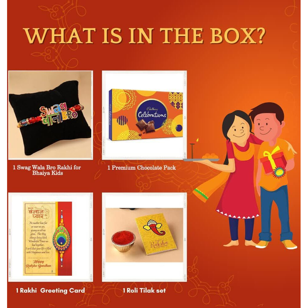 CraftVatika Designer Rakhi Gift for Brother Boy with Chocolate Combo, Swag Wala Bro Rakhi Set of 1 with Cadbury Celebration Pack Gift